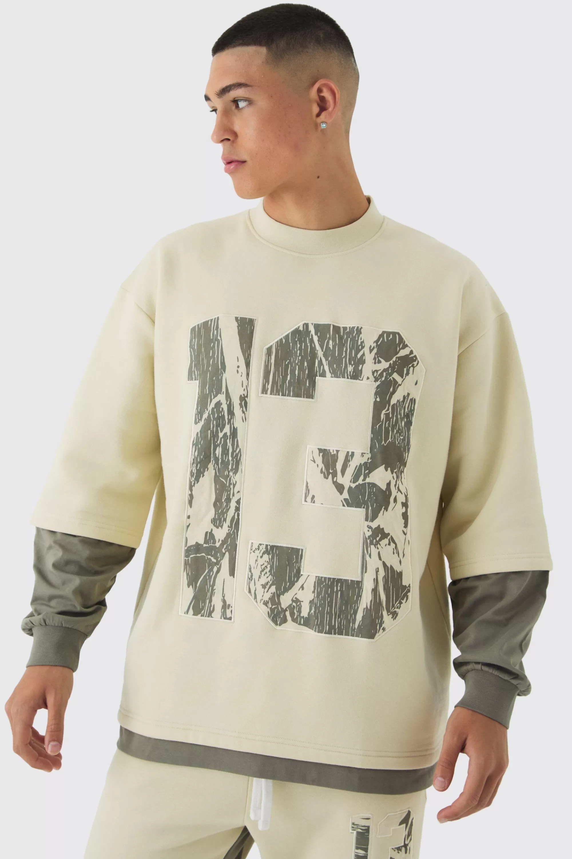 boohooMAN Oversized Half Sleeve Faux Layer 13 Applique Sweatshirt | UK