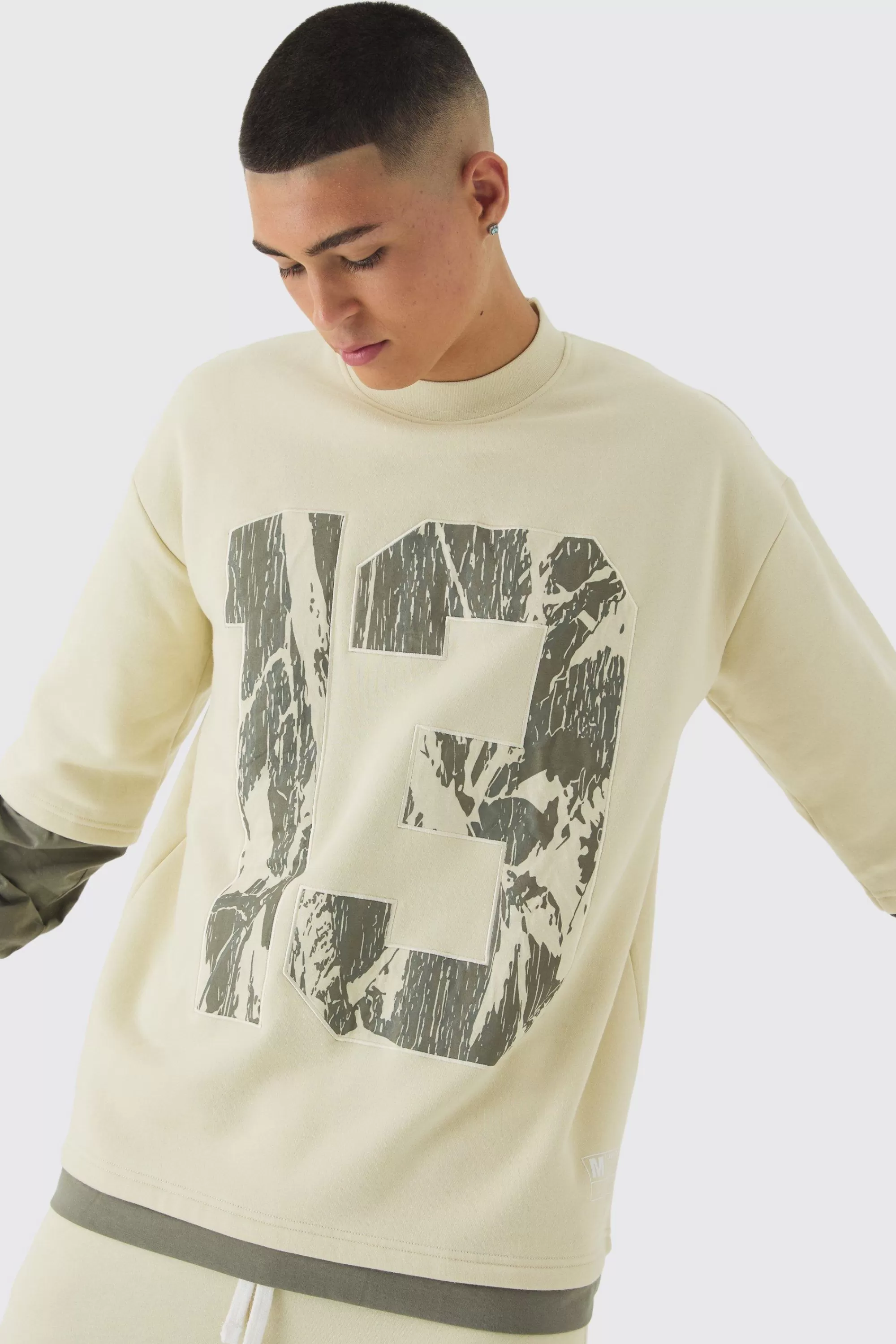 boohooMAN Oversized Half Sleeve Faux Layer 13 Applique Sweatshirt | UK