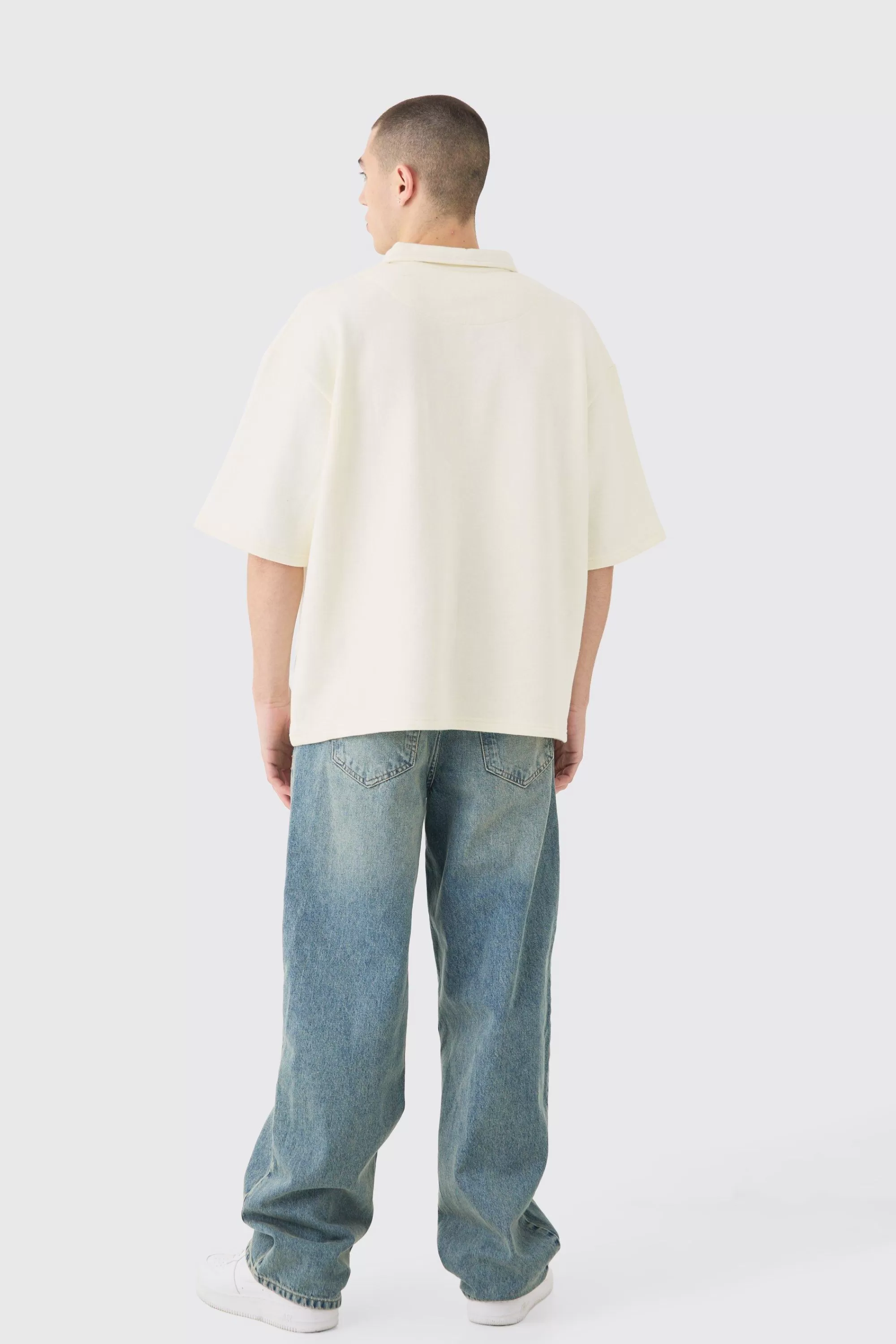 boohooMAN Oversized Half Sleeve Rugby Revere Sweatshirt | UK