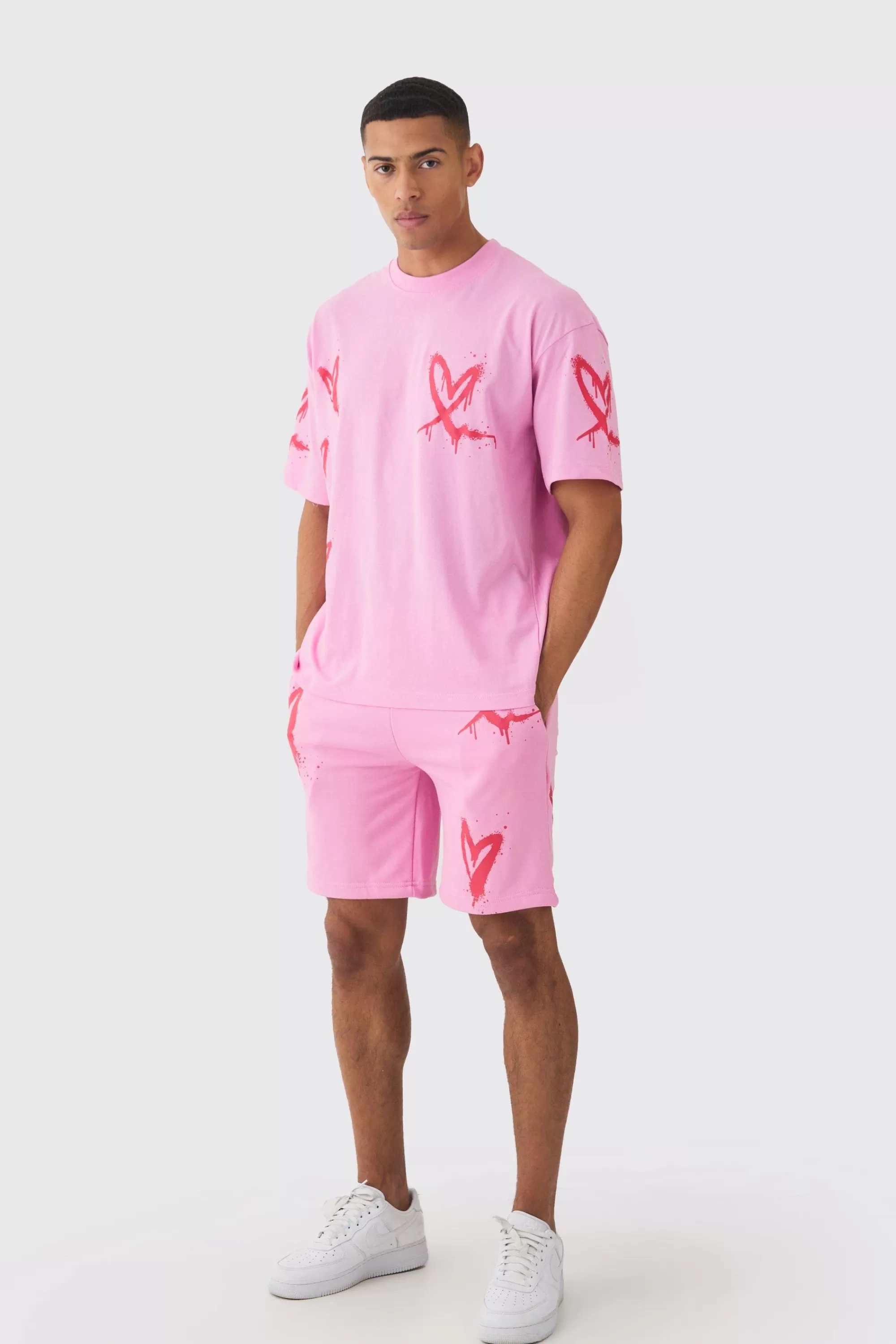 boohooMAN Oversized Heart Spray Print T-shirt & Short Set | UK