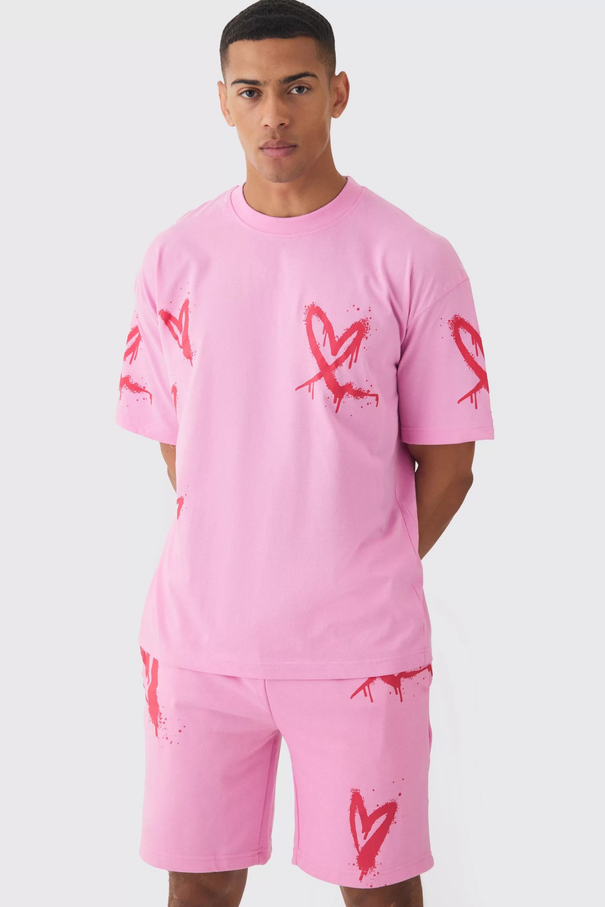 boohooMAN Oversized Heart Spray Print T-shirt & Short Set | UK