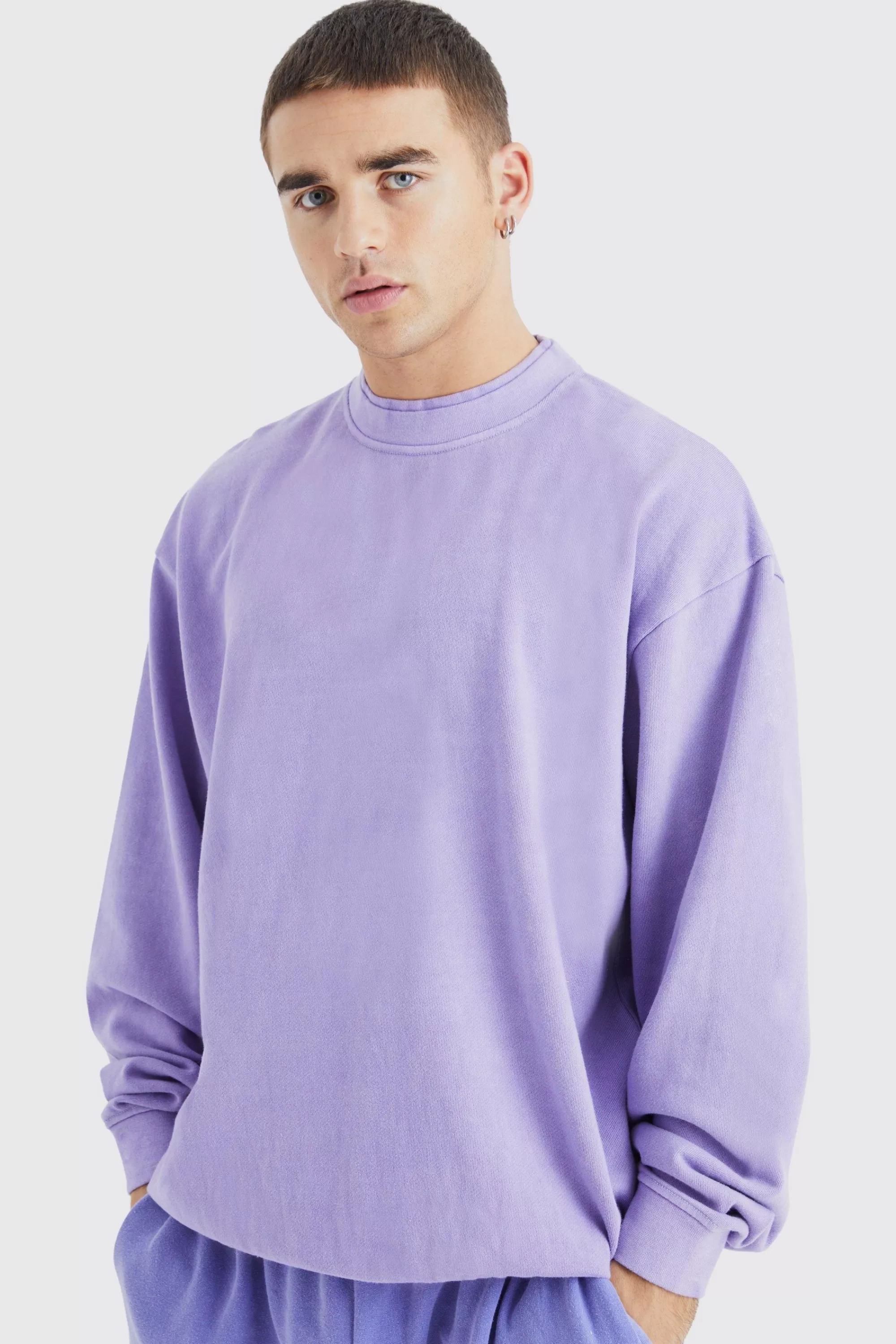 boohooMAN Oversized Heavy Washed Double Neck Sweatshirt | UK