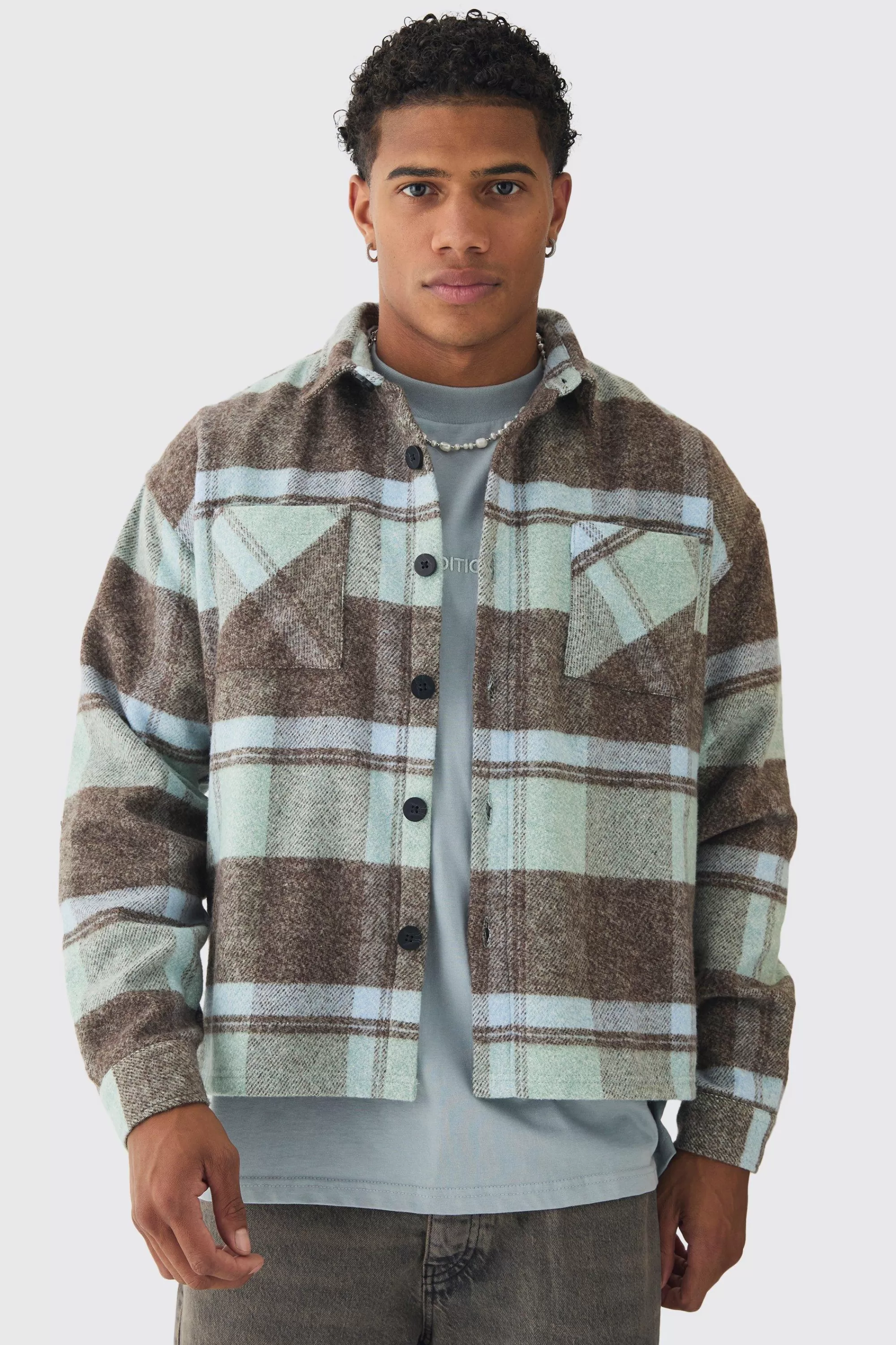 boohooMAN Oversized Heavyweight Brushed Check Overshirt | UK
