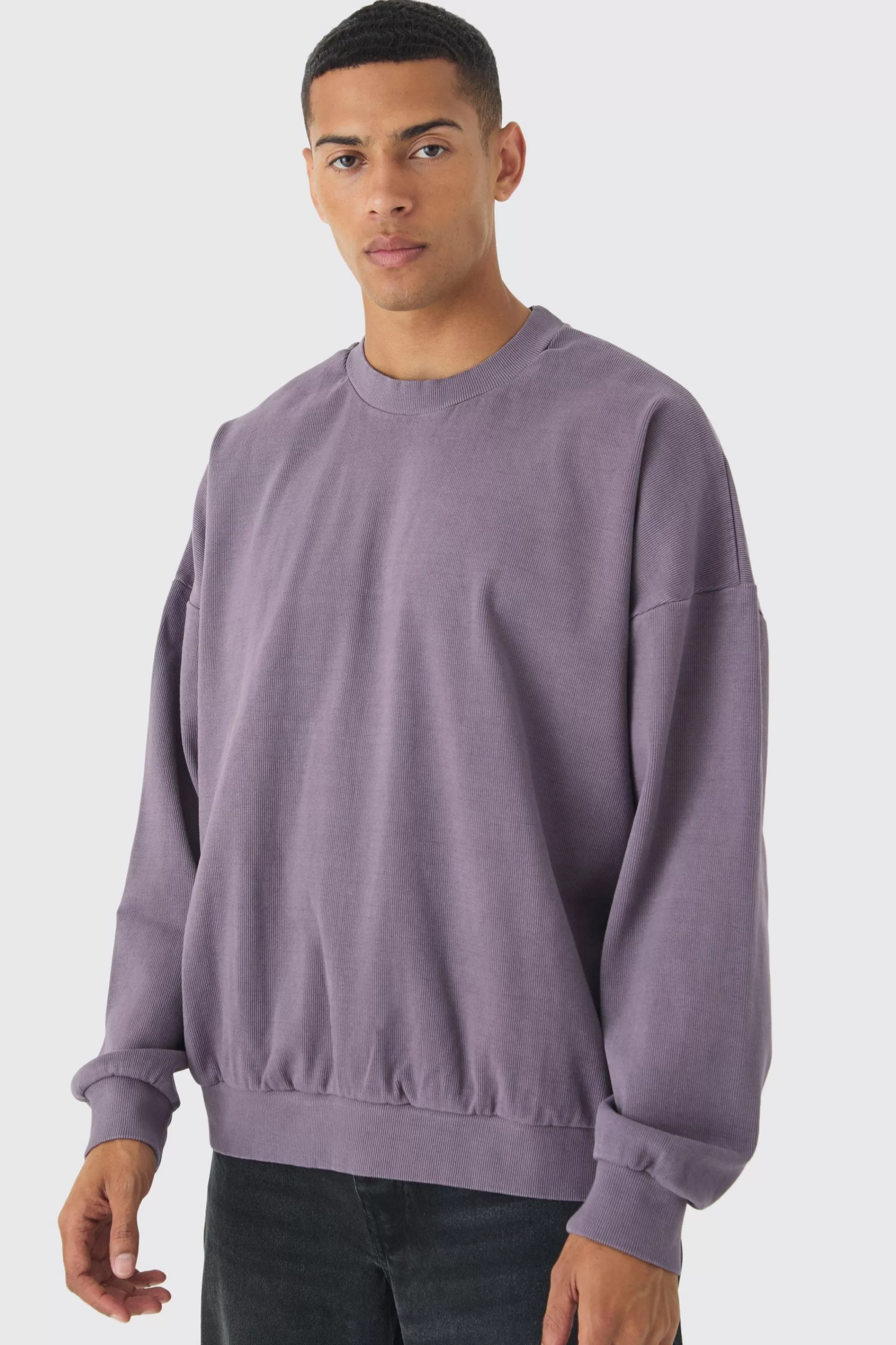 boohooMAN Oversized Heavyweight Ribbed Washed Drop Shoulder Sweatshirt | UK