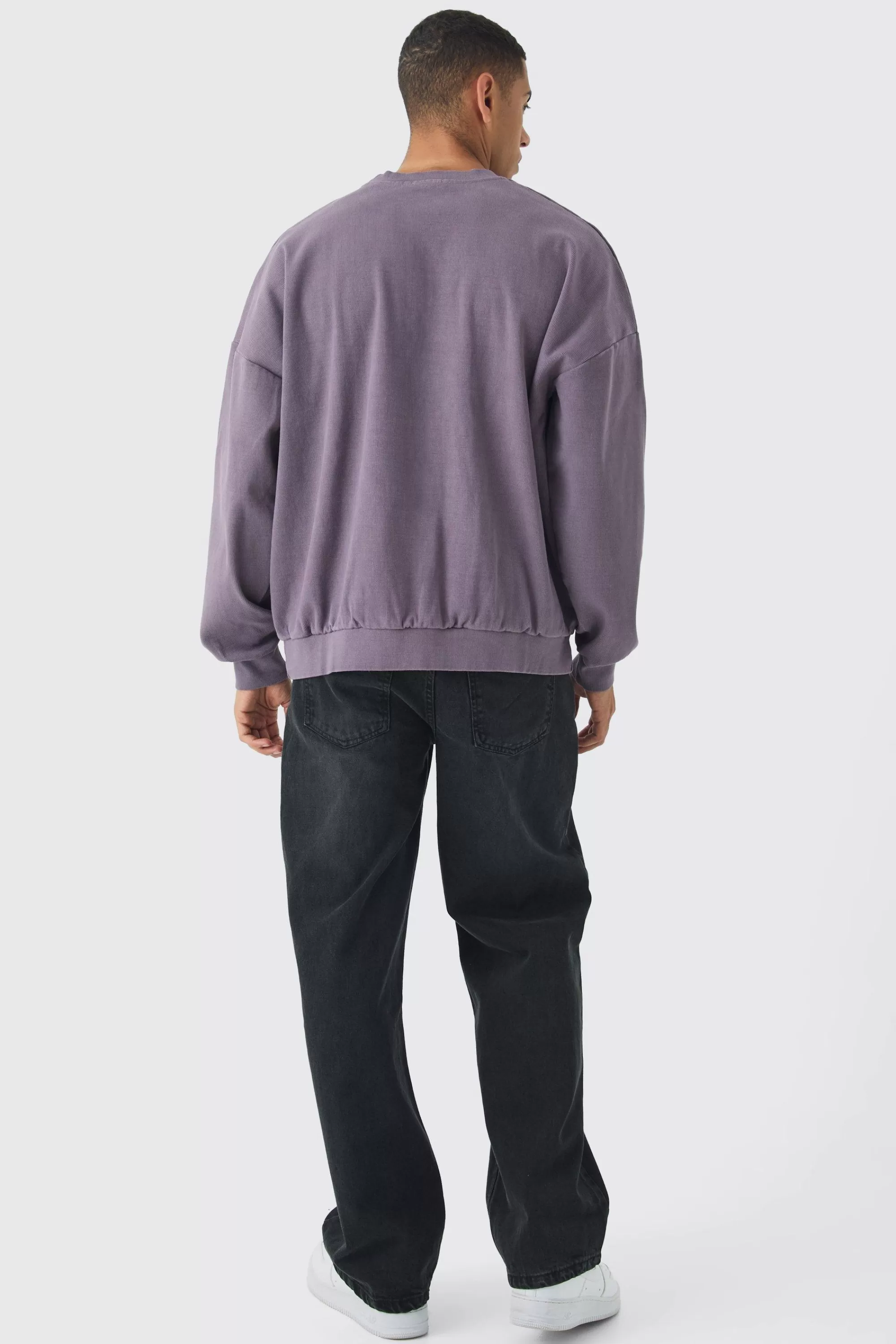 boohooMAN Oversized Heavyweight Ribbed Washed Drop Shoulder Sweatshirt | UK