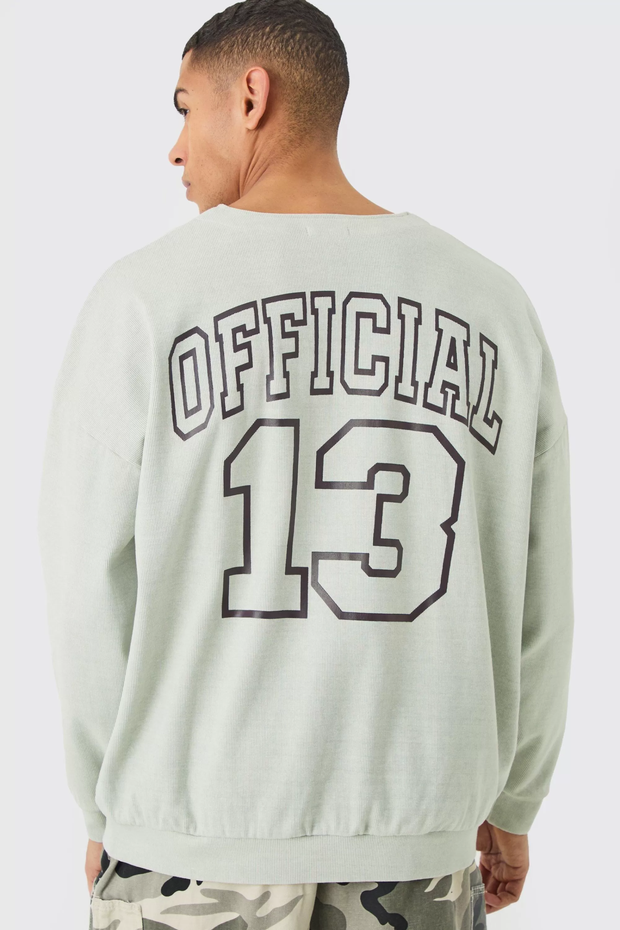 boohooMAN Oversized Heavyweight Ribbed Washed Varsity Hockey Sweatshirt | UK