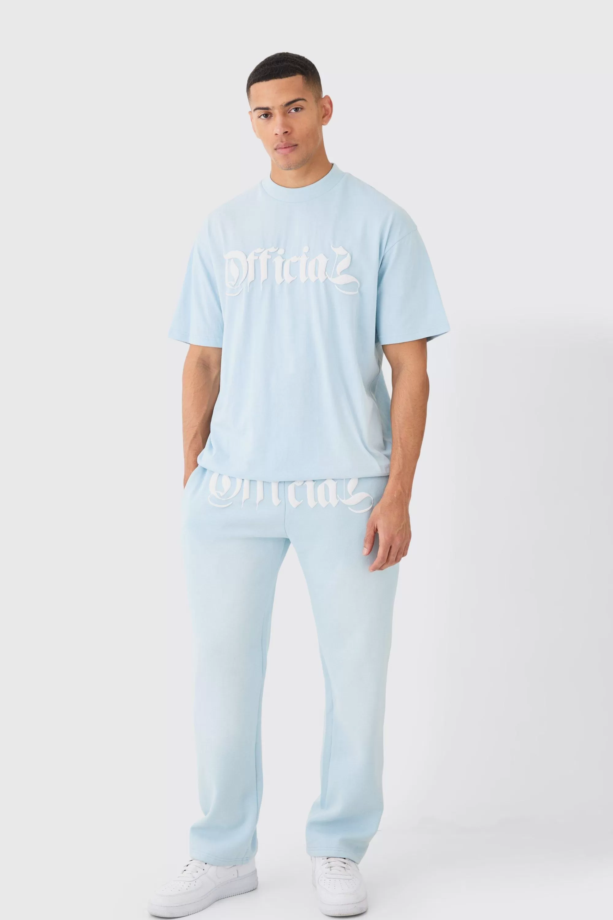 boohooMAN Oversized Heavyweight Spray Wash Denim Applique Tracksuit | UK