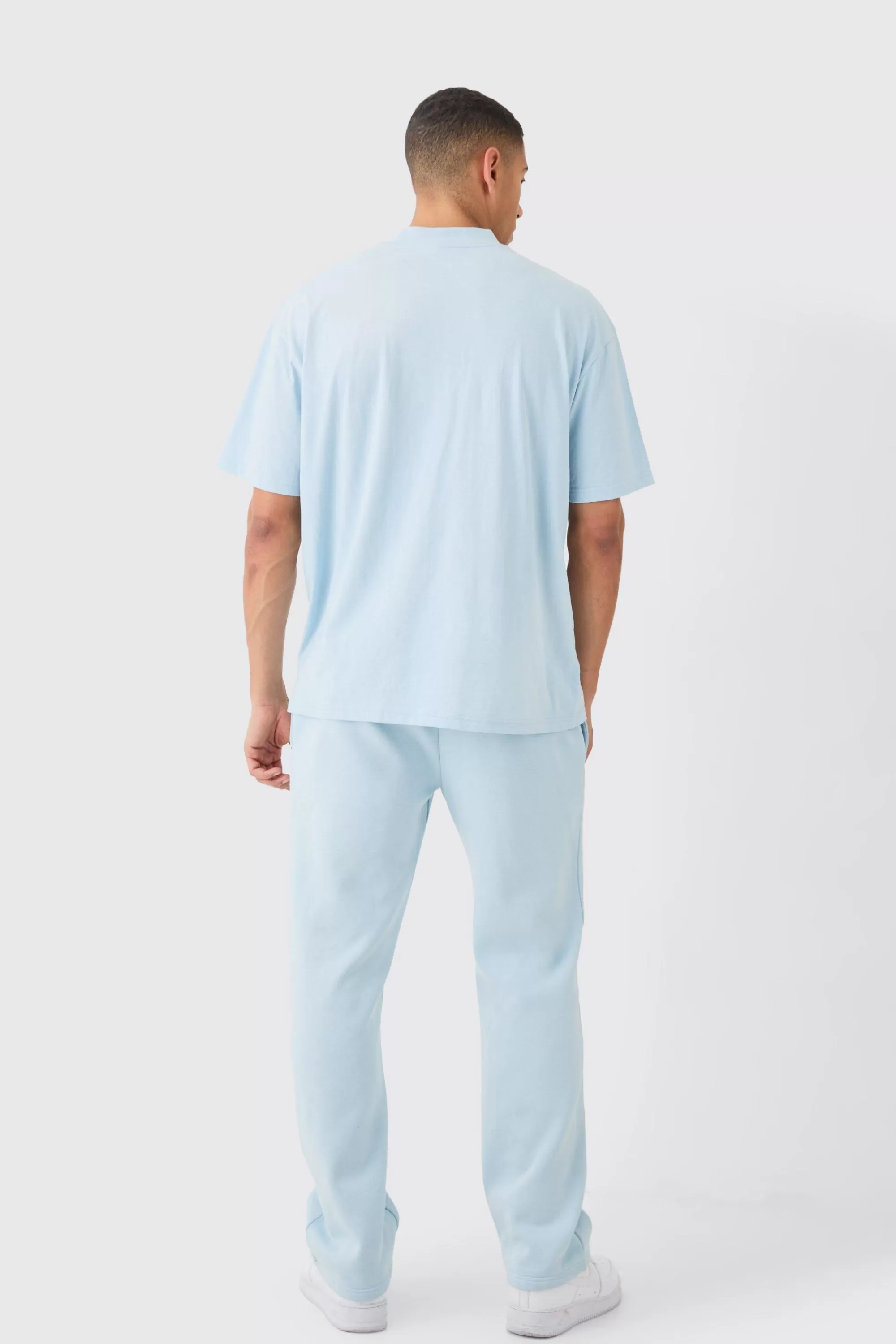 boohooMAN Oversized Heavyweight Spray Wash Denim Applique Tracksuit | UK
