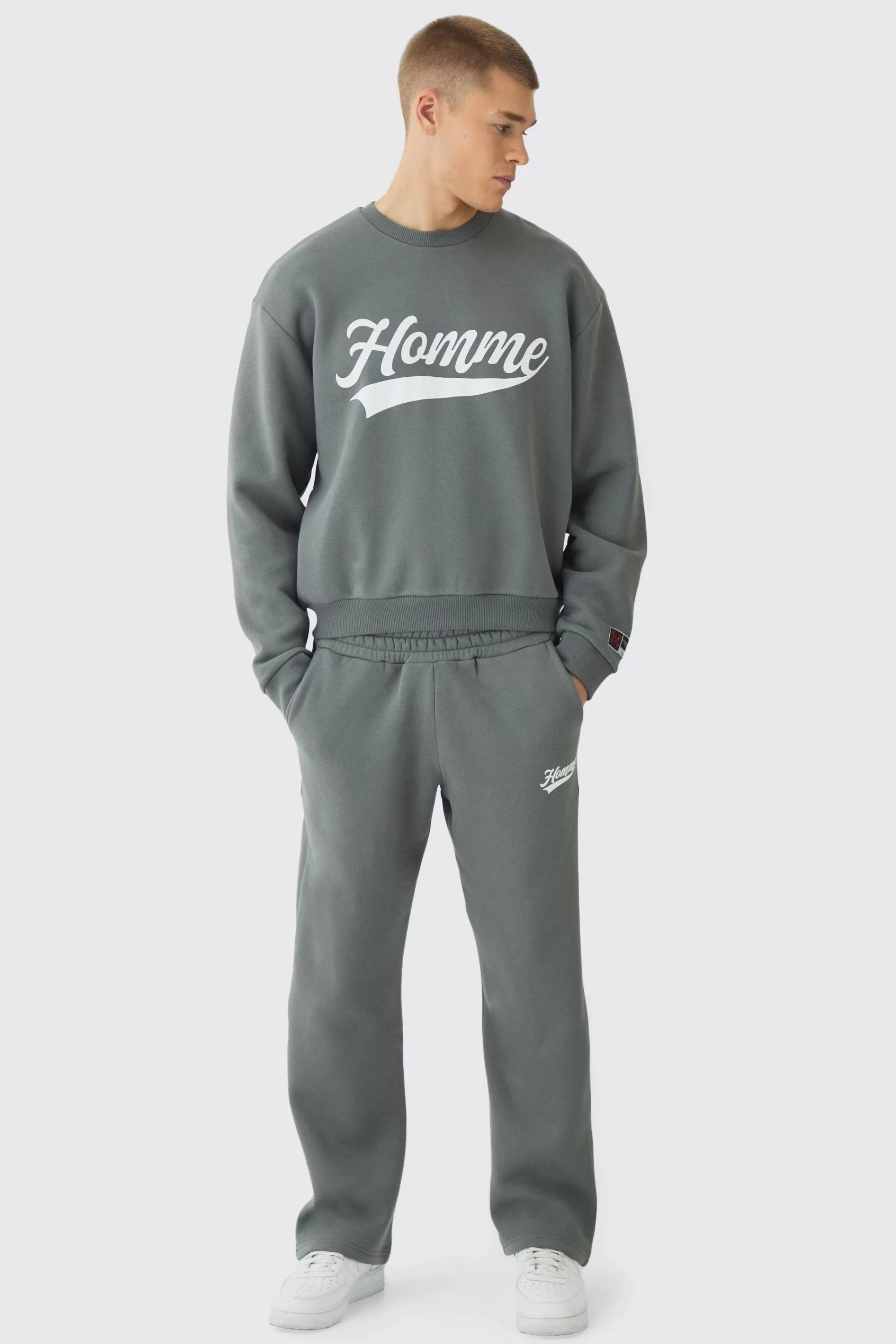boohooMAN Oversized Homme Printed Varsity Sweatshirt Tracksuit | UK