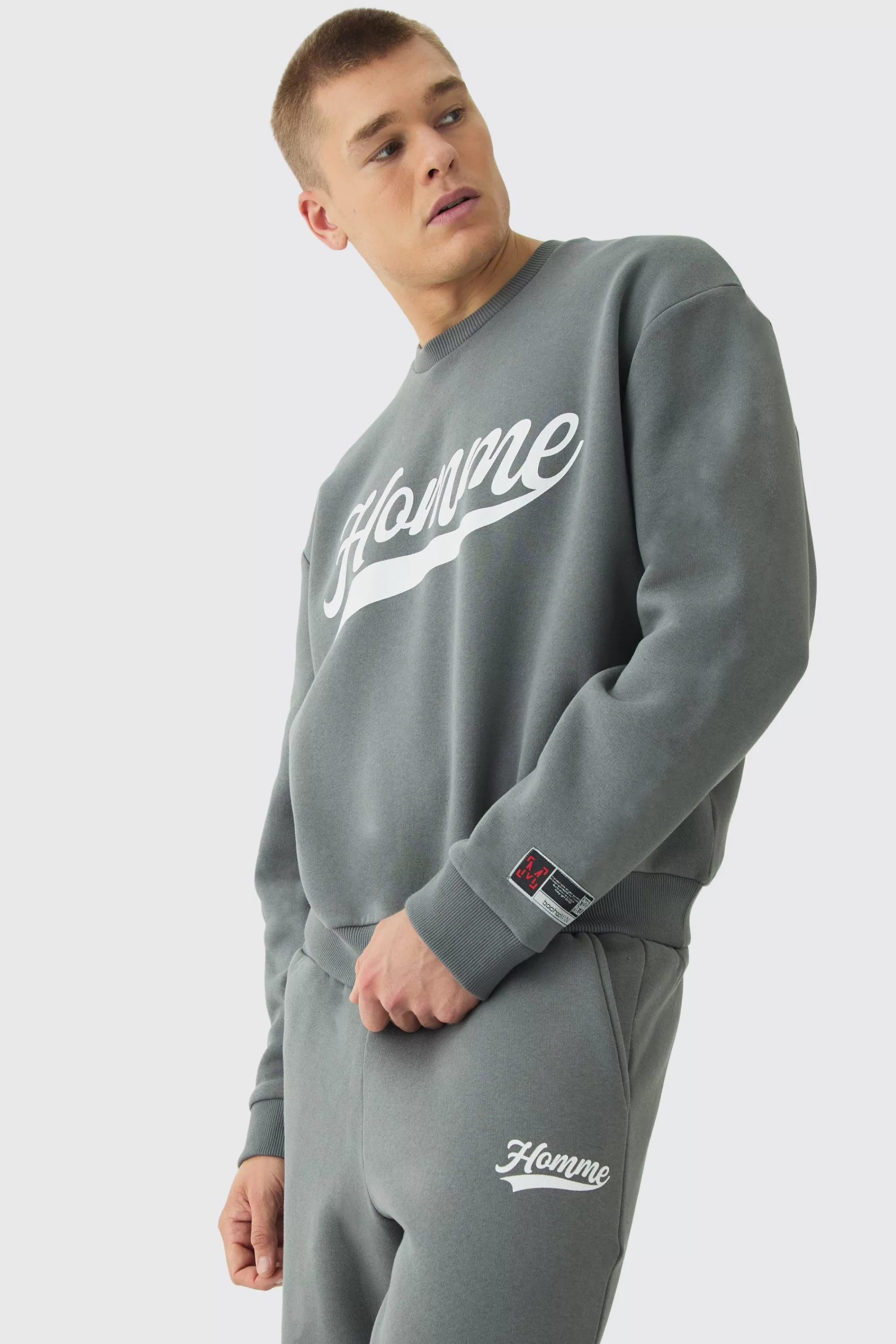 boohooMAN Oversized Homme Printed Varsity Sweatshirt Tracksuit | UK
