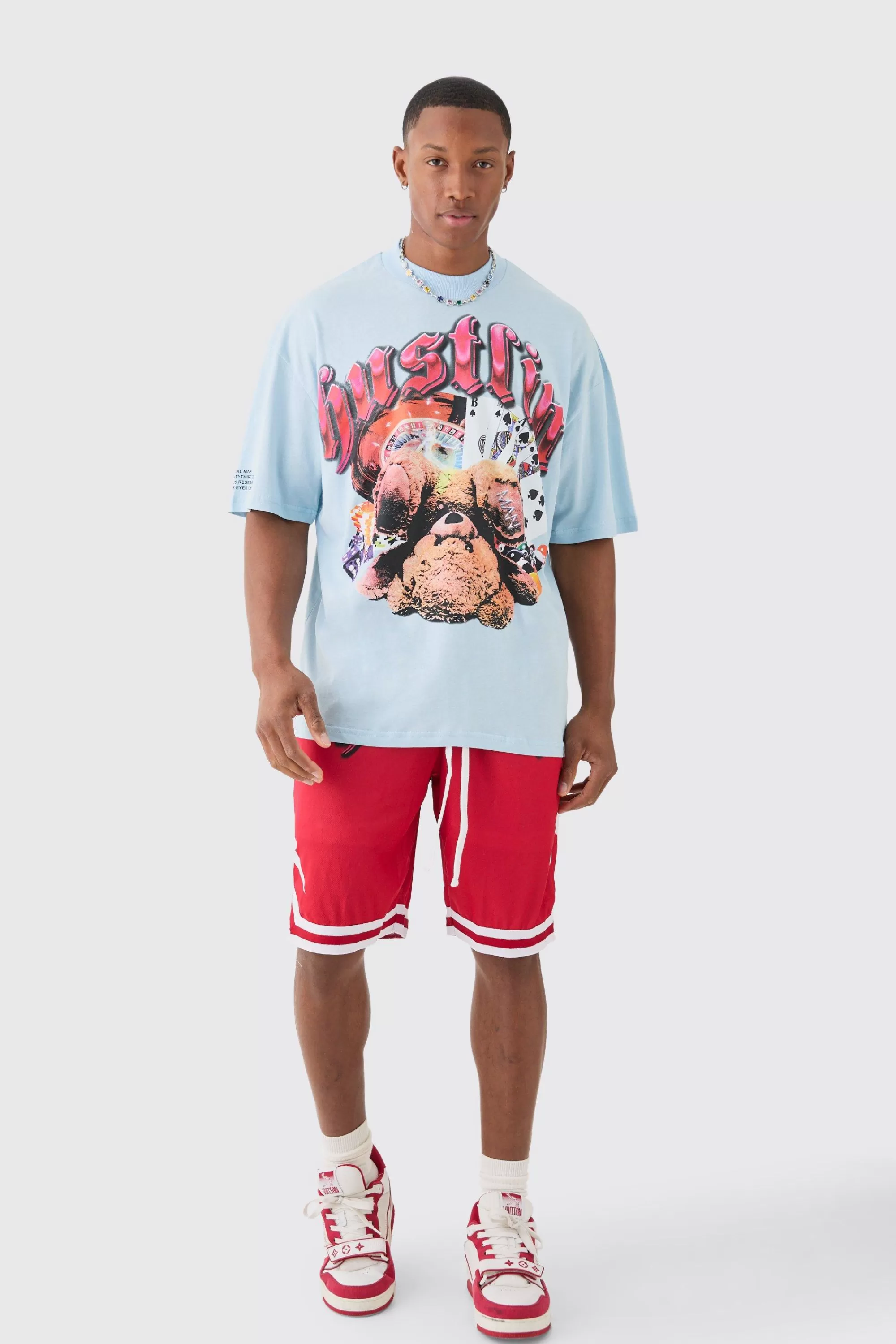 boohooMAN Oversized Hustlin Teddy T-shirt Basketball Set | UK
