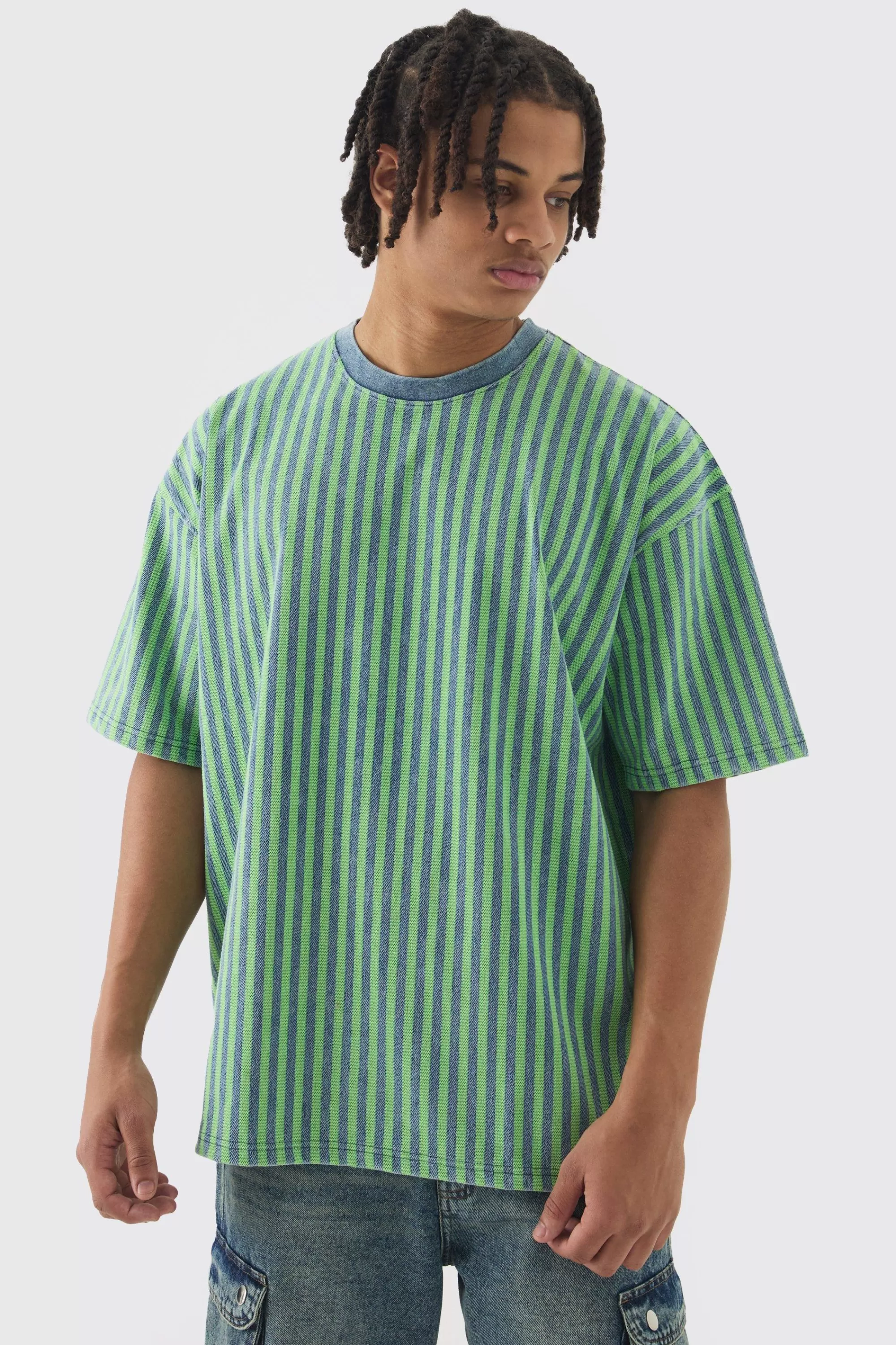 boohooMAN Oversized Indigo Dyed Striped Jacquard Sweatshirt | UK