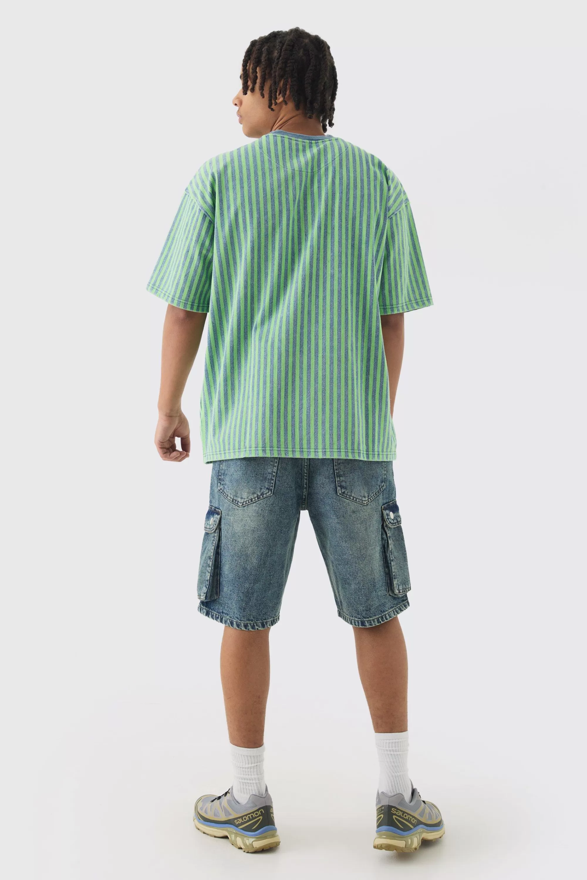 boohooMAN Oversized Indigo Dyed Striped Jacquard Sweatshirt | UK