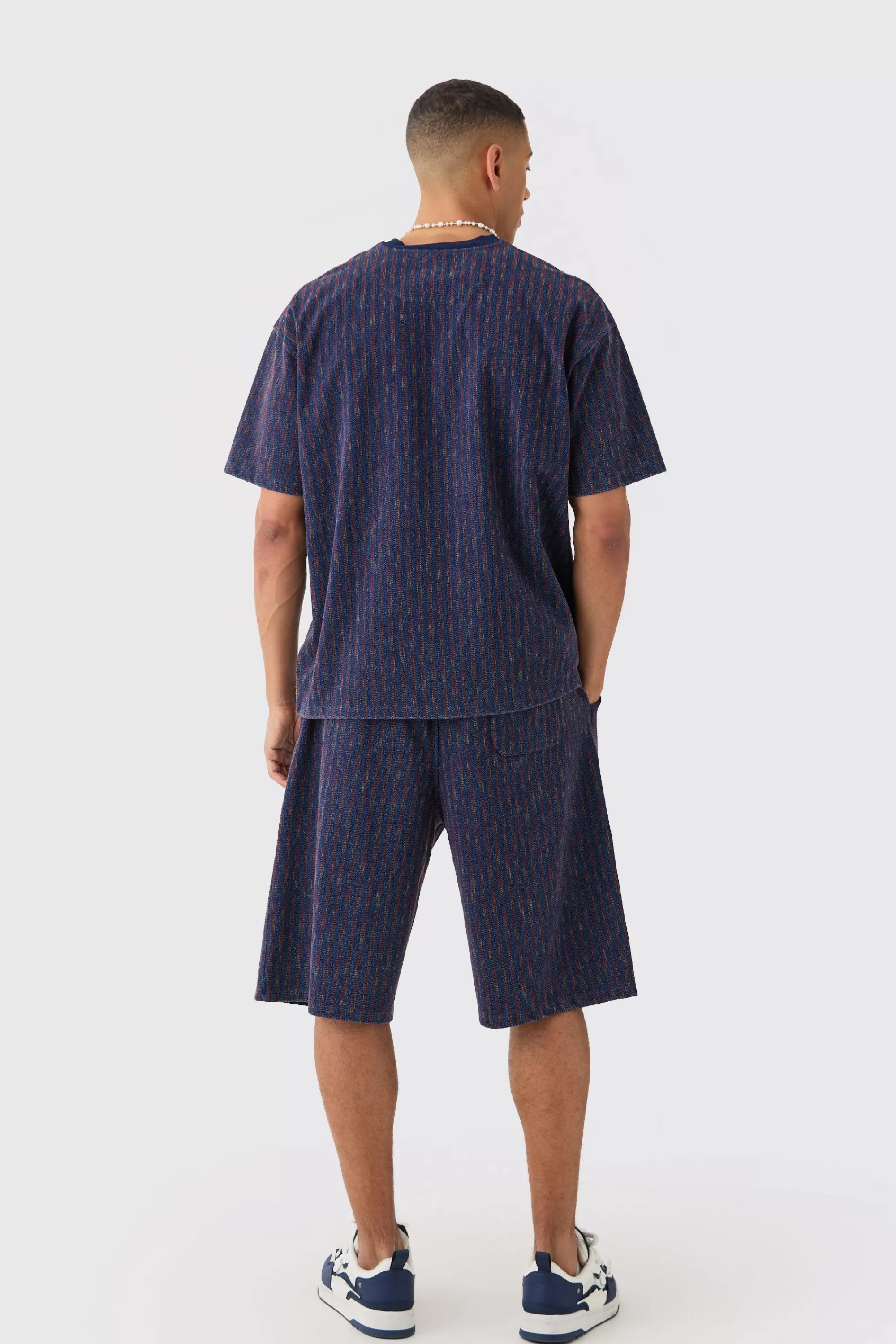 boohooMAN Oversized Indigo Dyed Striped Jacquard Sweatshirt | UK