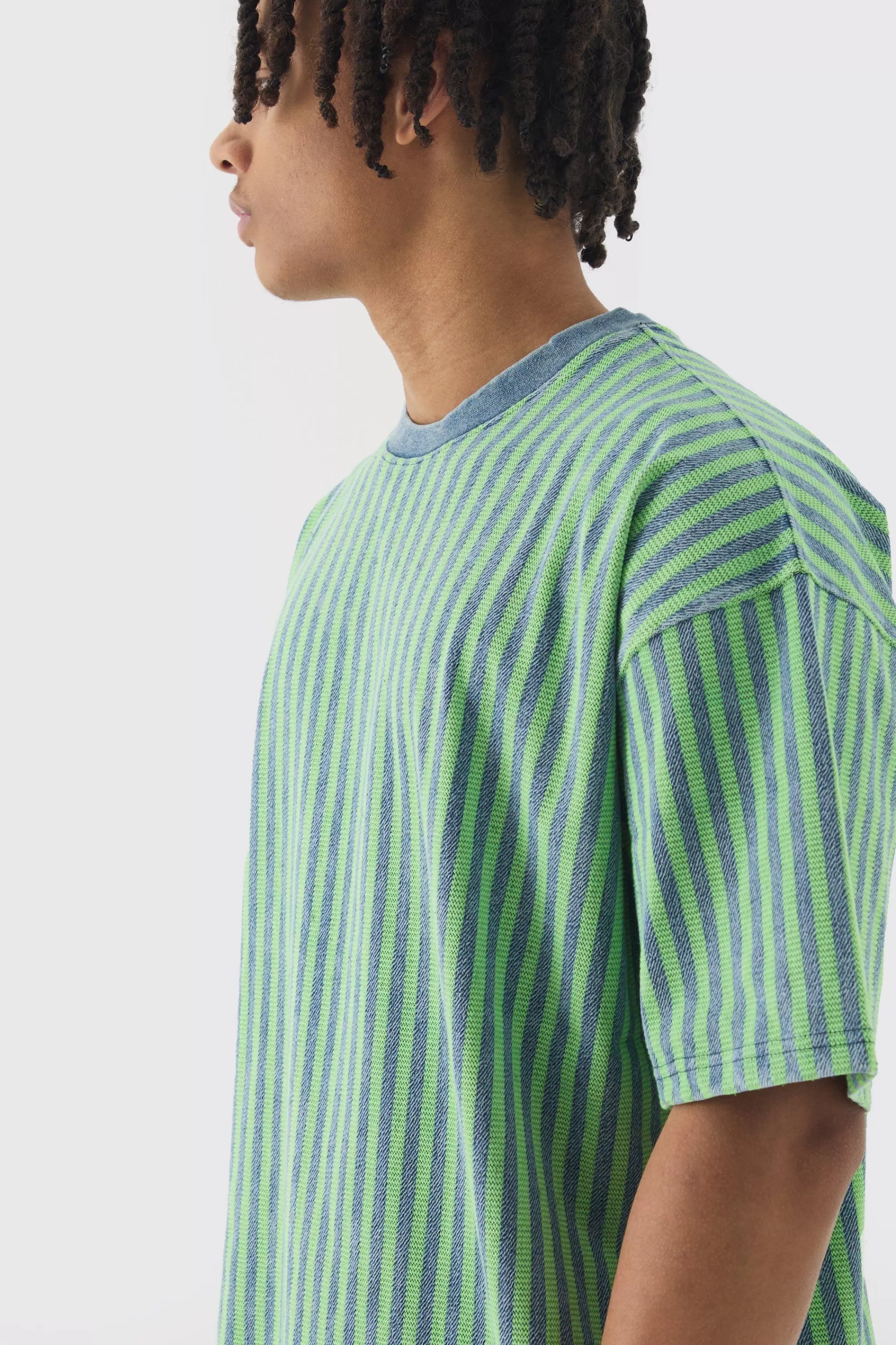 boohooMAN Oversized Indigo Dyed Striped Jacquard Sweatshirt | UK