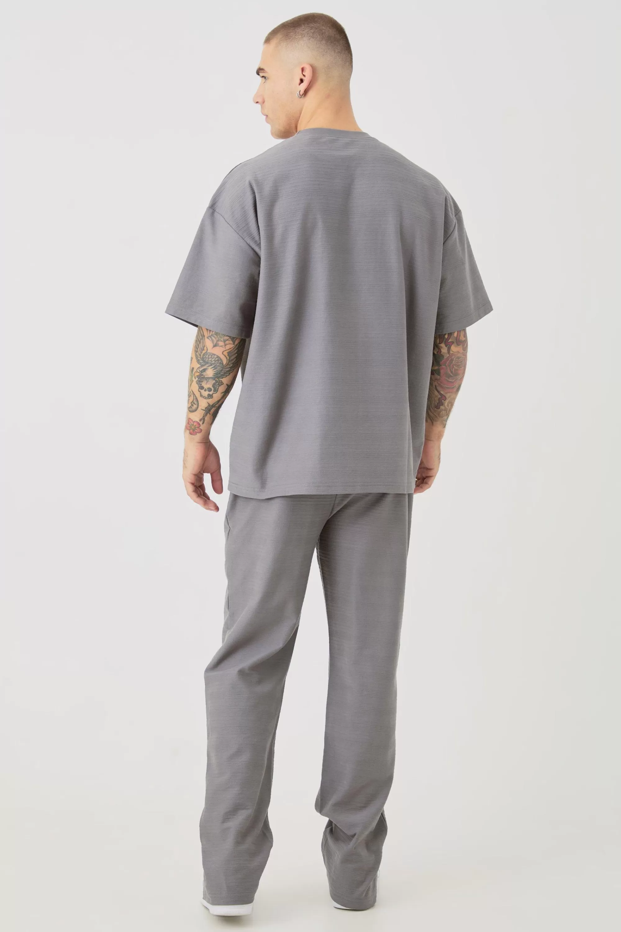 boohooMAN Oversized Jacquard Stripe T-shirt & Jogger Set | UK