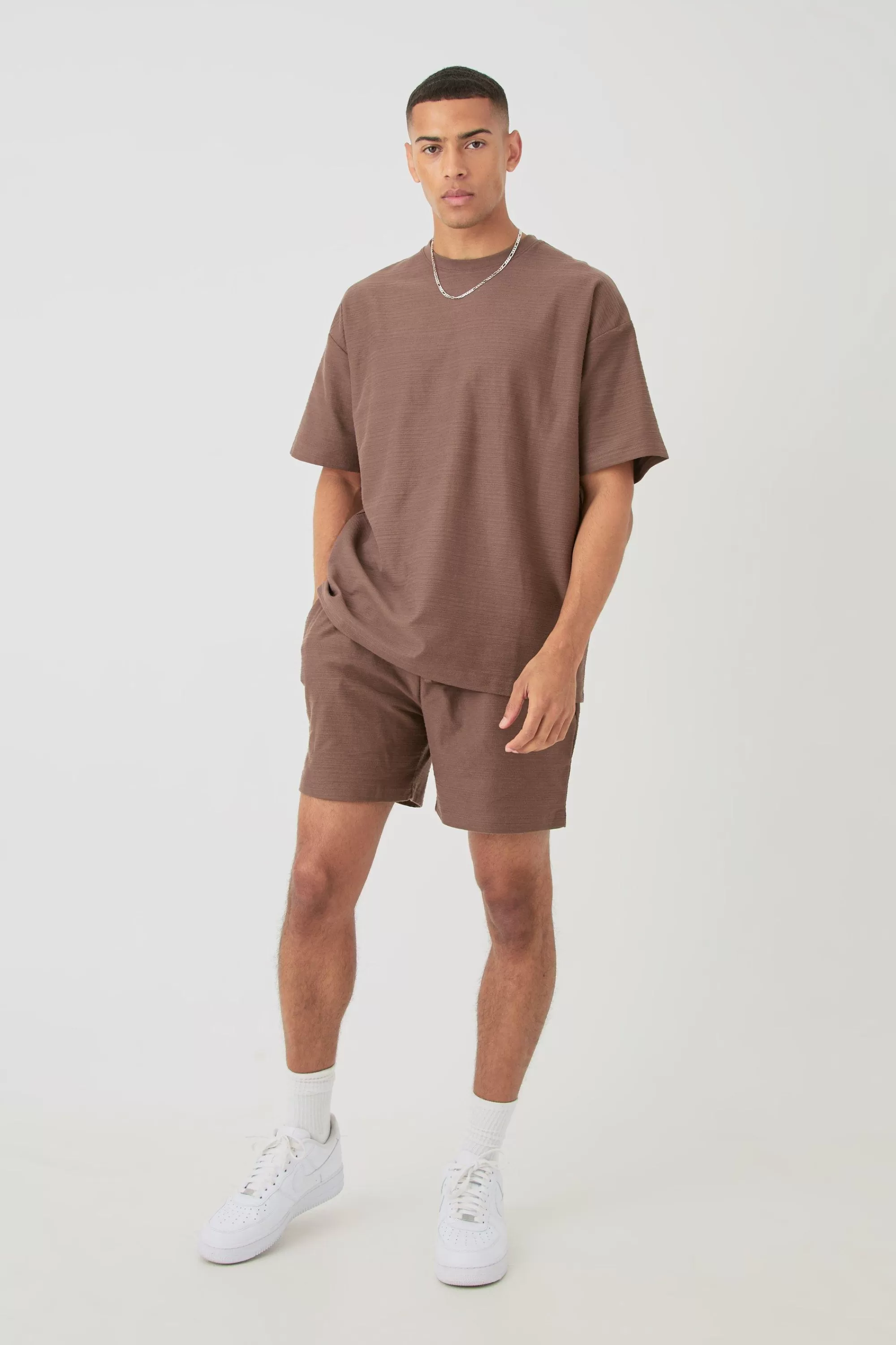boohooMAN Oversized Jacquard Stripe T-shirt & Short Set | UK