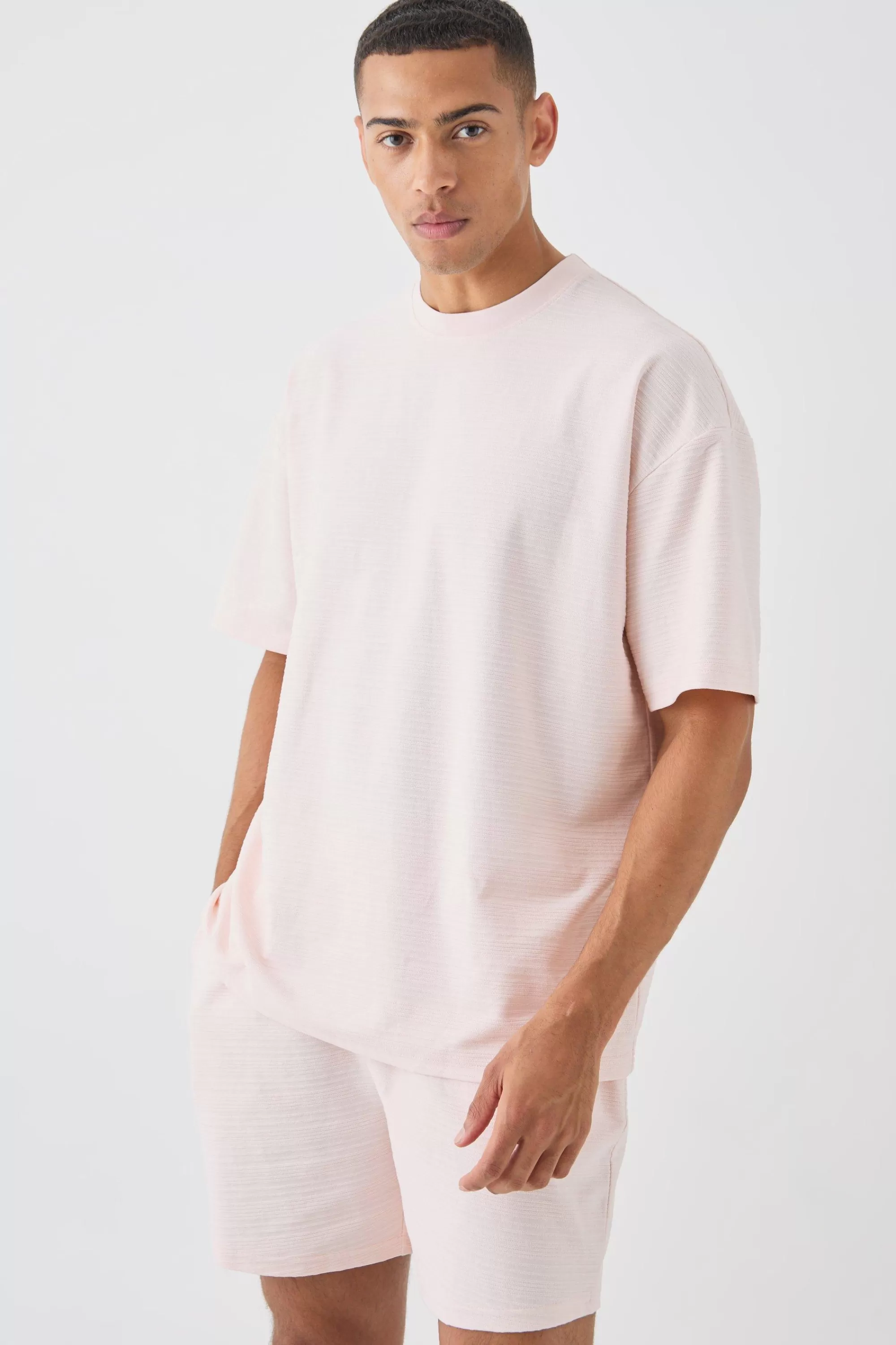 boohooMAN Oversized Jacquard Stripe T-shirt & Short Set | UK