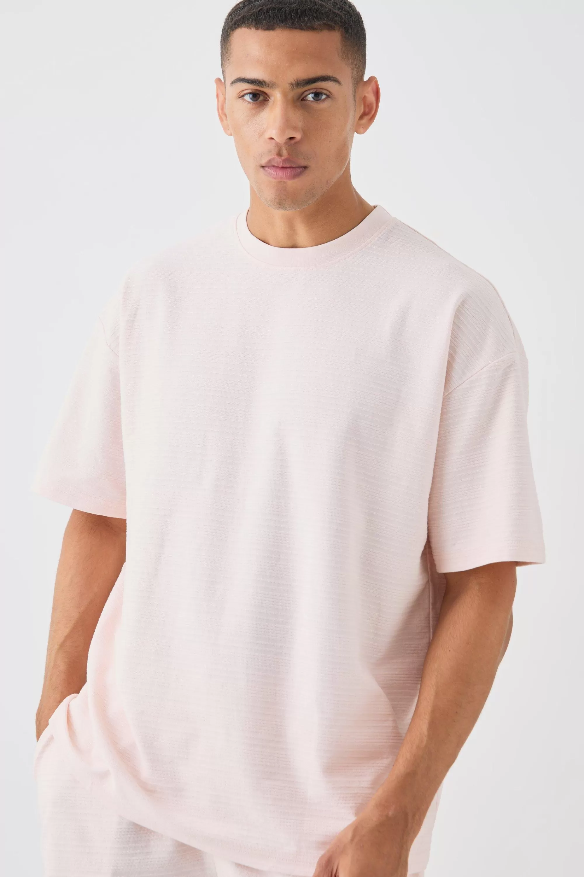 boohooMAN Oversized Jacquard Stripe T-shirt & Short Set | UK