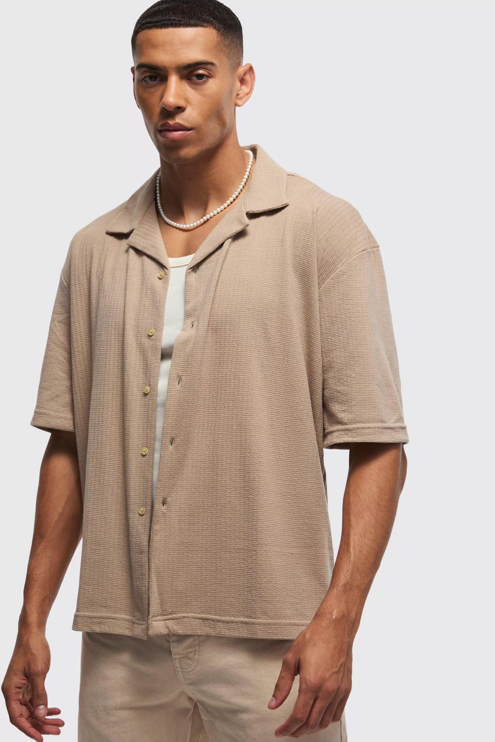 boohooMAN Oversized Jersey Textured Revere Shirt | UK
