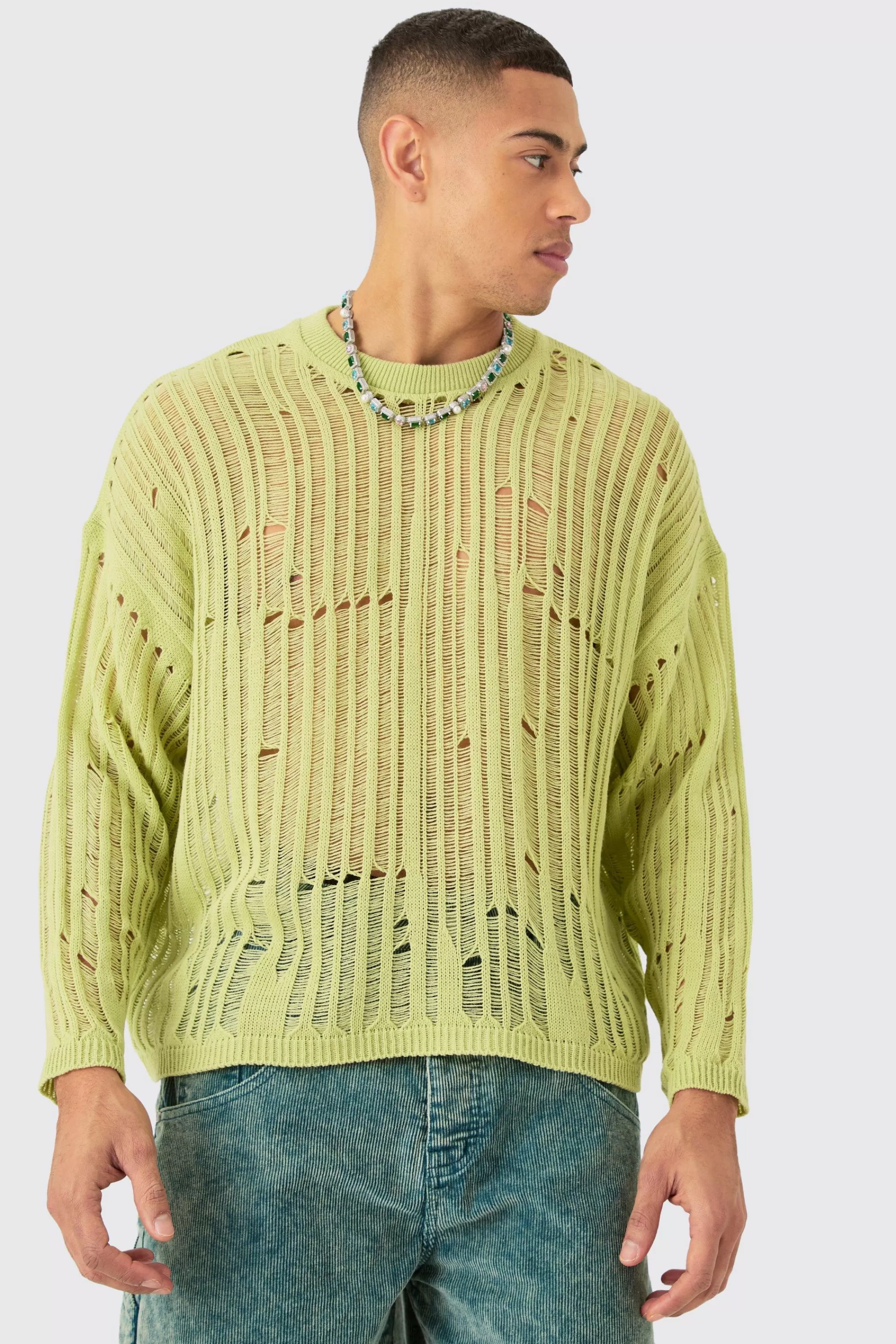 boohooMAN Oversized Ladder Detail Open Knit Jumper In | UK