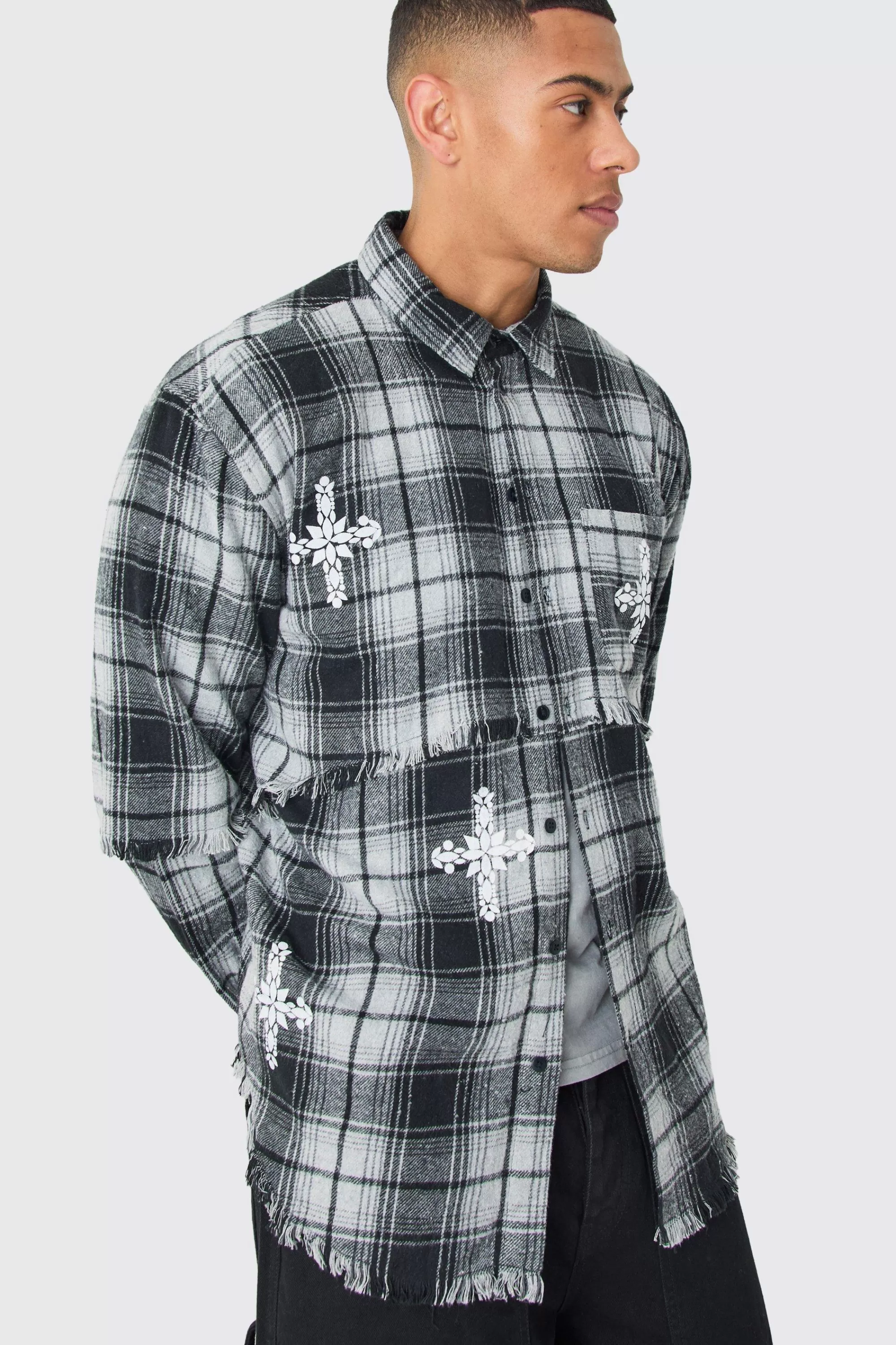 boohooMAN Oversized Layered Print Check Shirt | UK