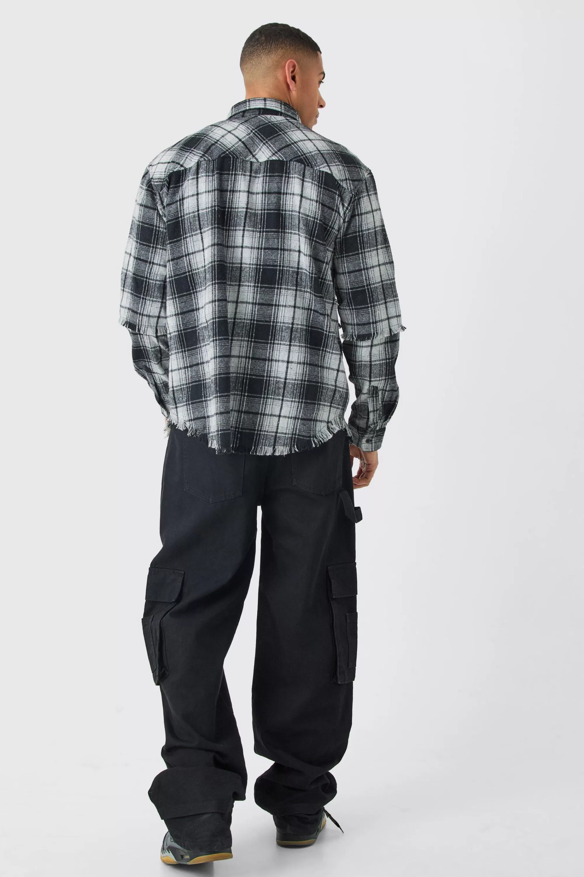 boohooMAN Oversized Layered Print Check Shirt | UK