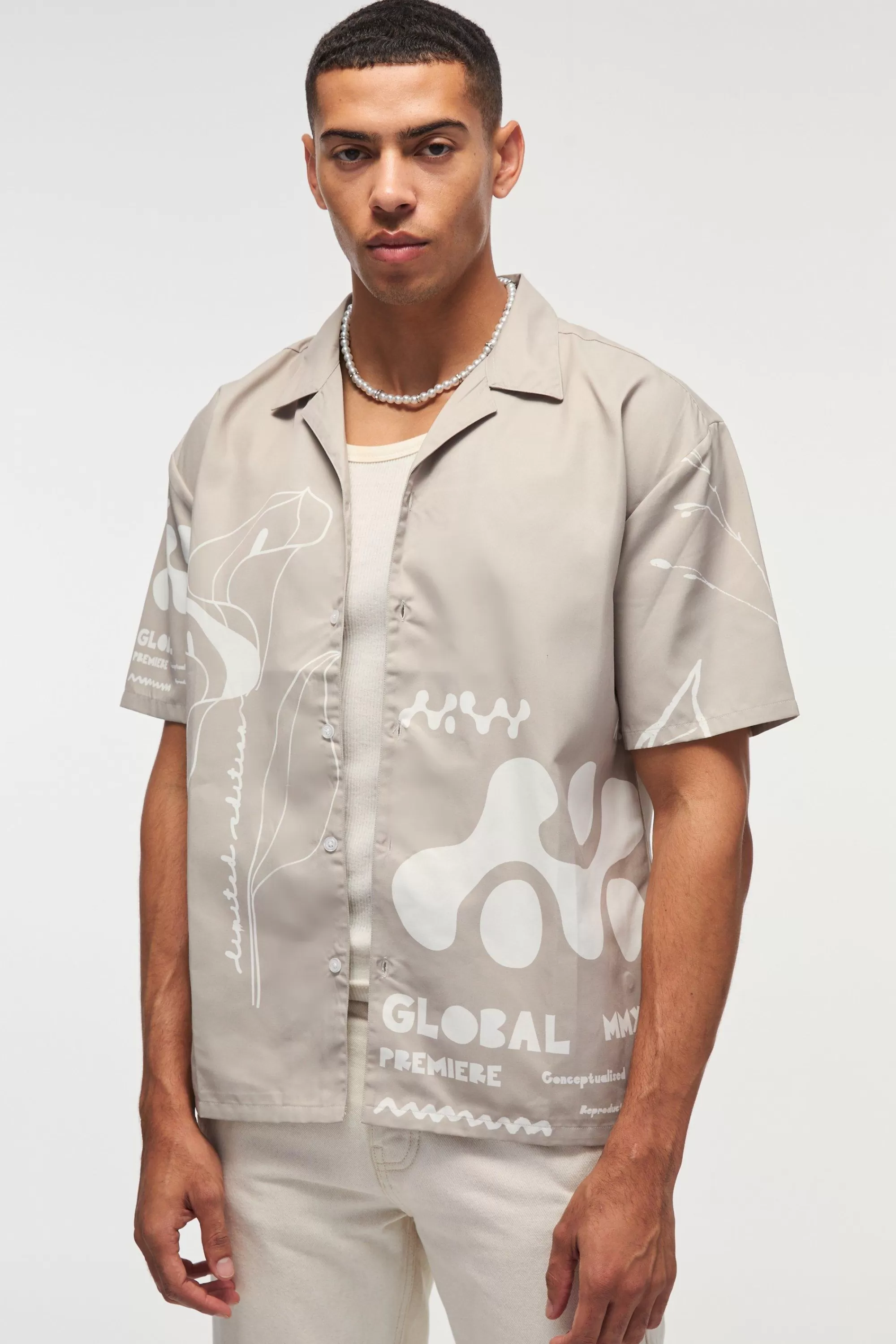 boohooMAN Oversized Lightweight Twill Abstract Print Revere Shirt | UK