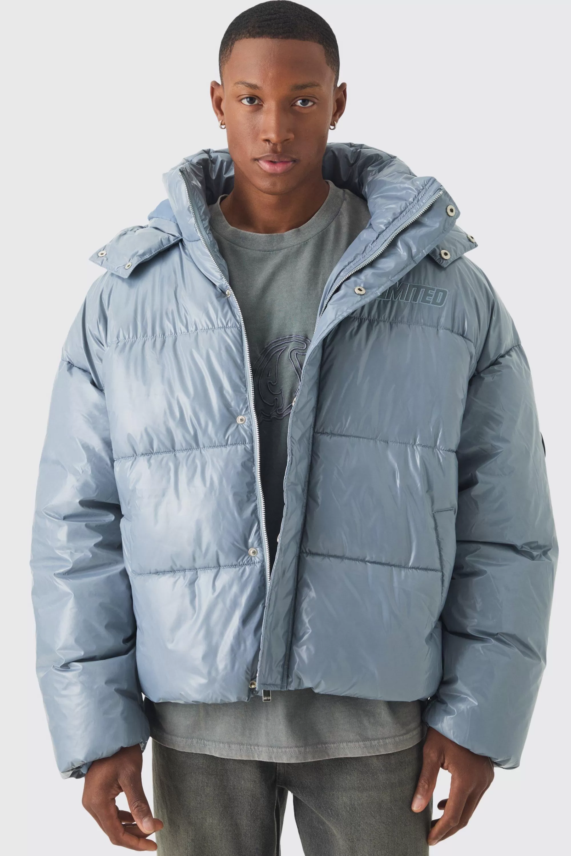 boohooMAN Oversized Limited Embroidered Hooded Puffer In | UK