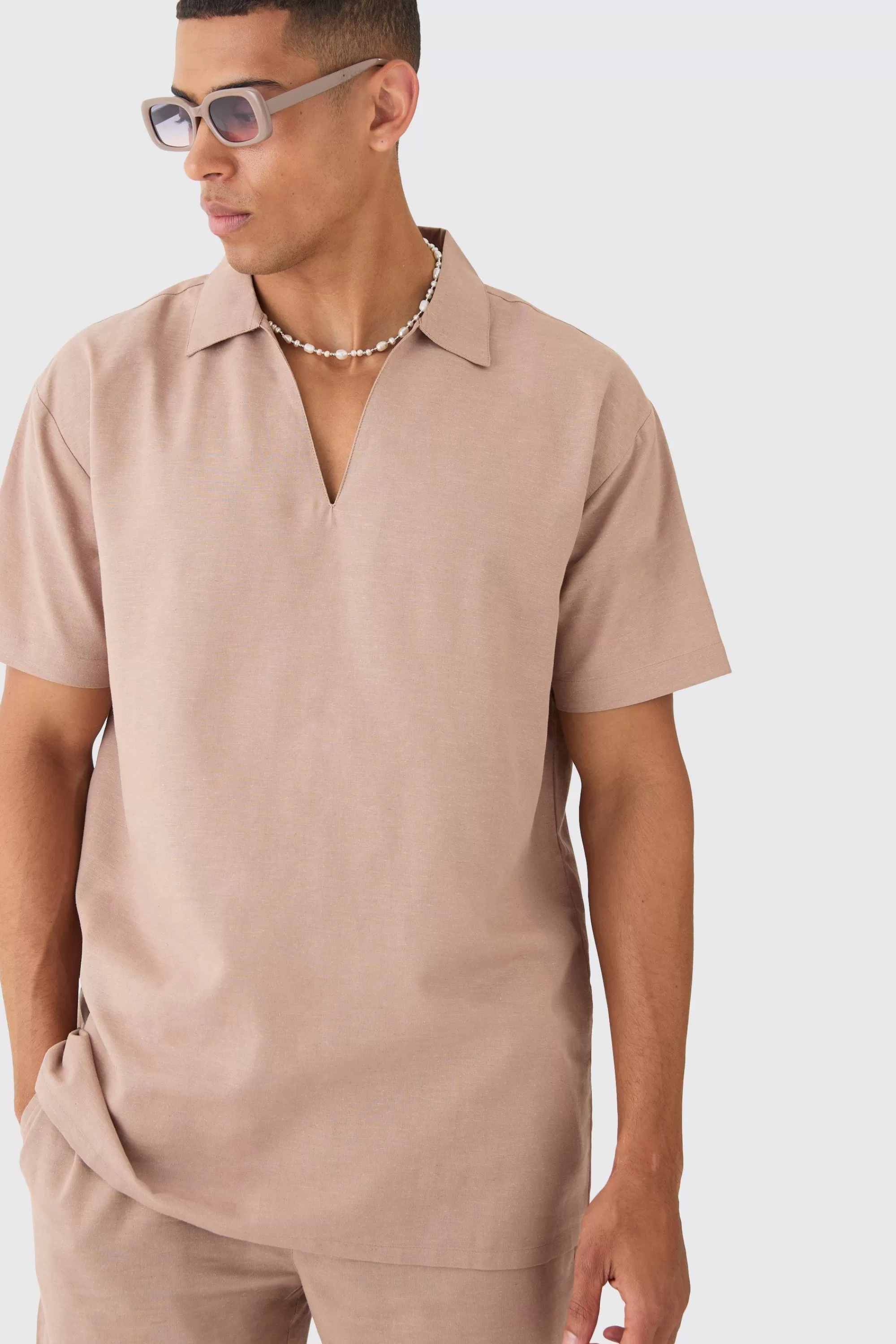 boohooMAN Oversized Linen Dropped Neck Shirt | UK