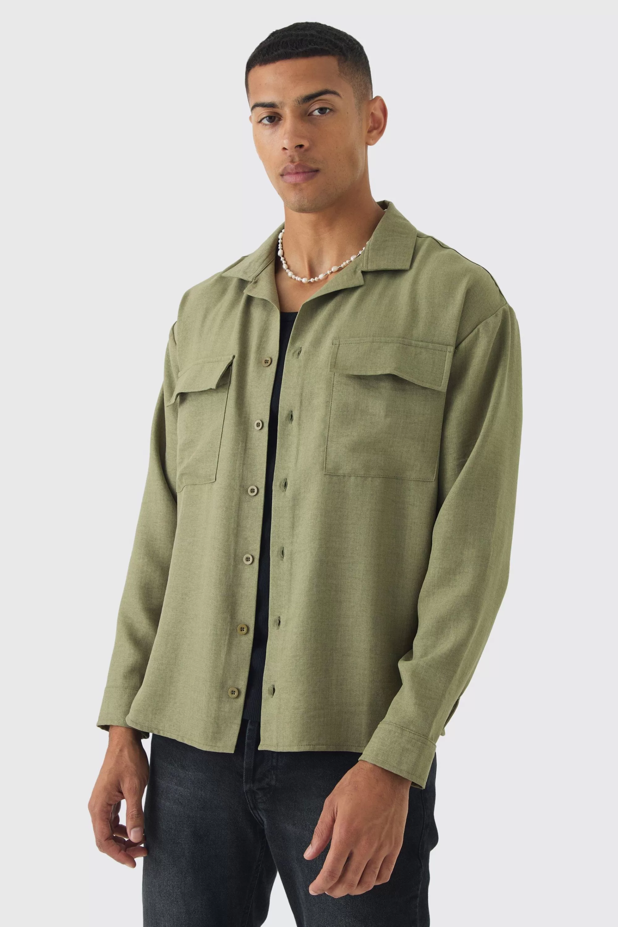 boohooMAN Oversized Linen Long Sleeve Revere Step Hem Shirt | UK
