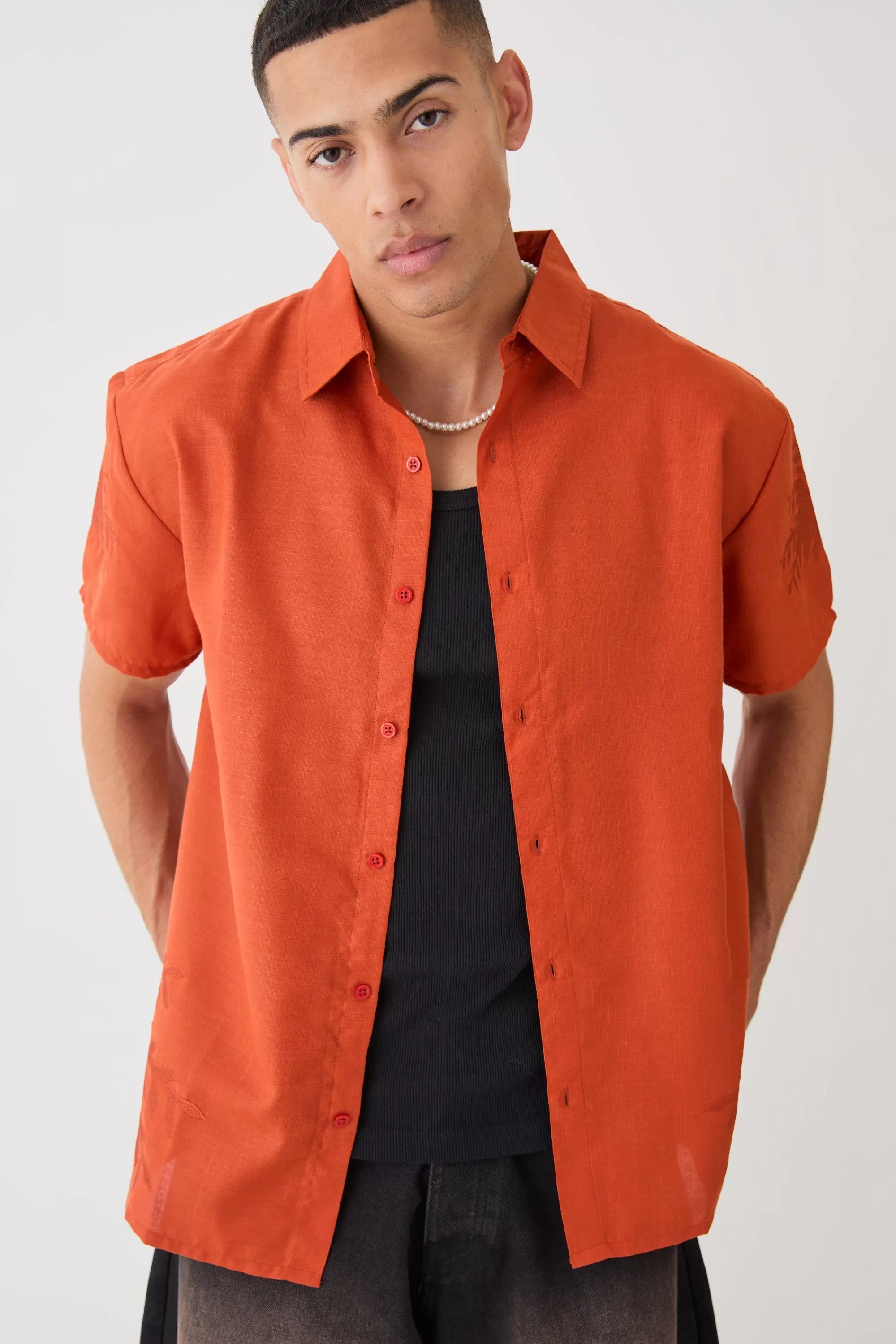 boohooMAN Oversized Linen Look Embroidered Hem Shirt | UK