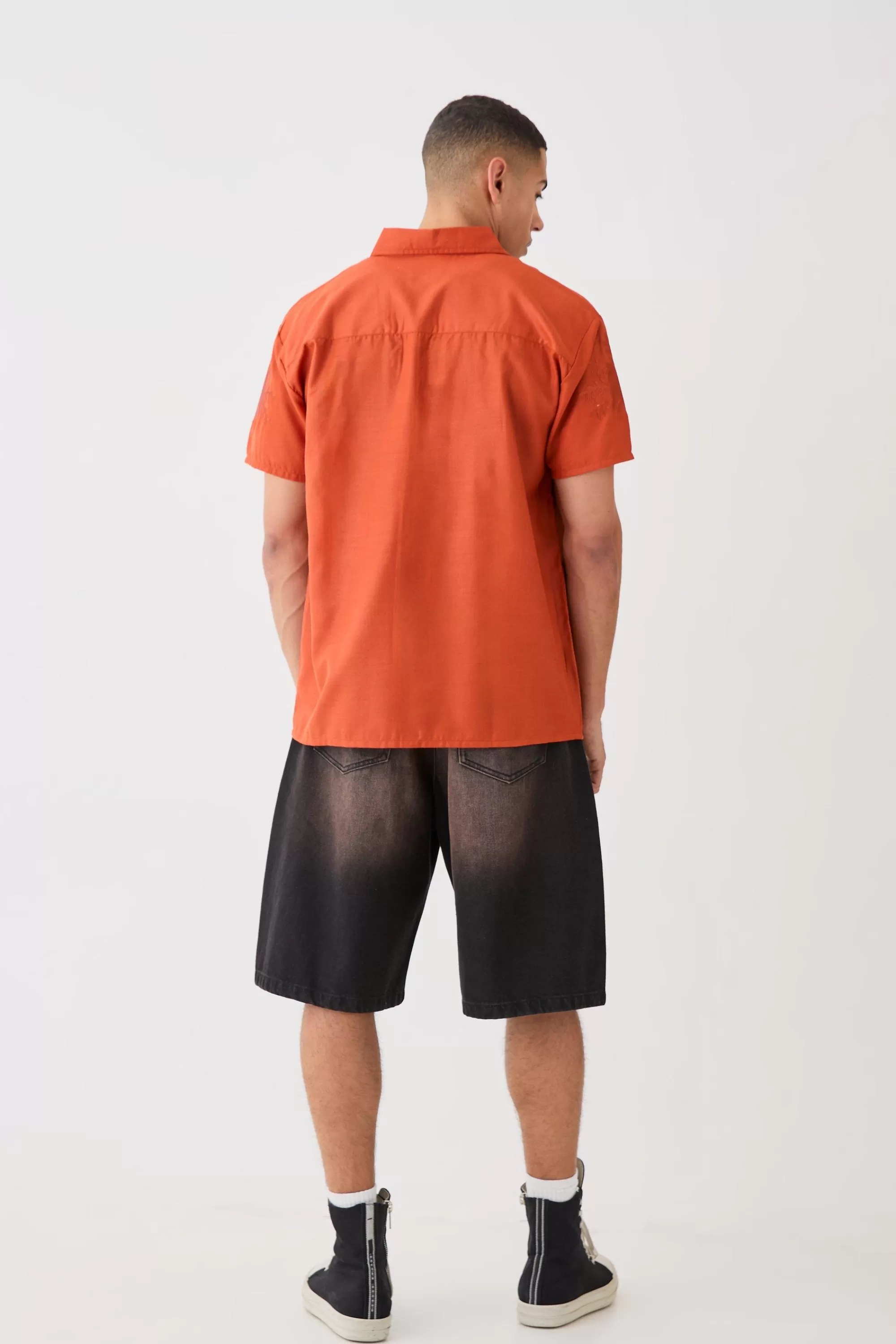 boohooMAN Oversized Linen Look Embroidered Hem Shirt | UK