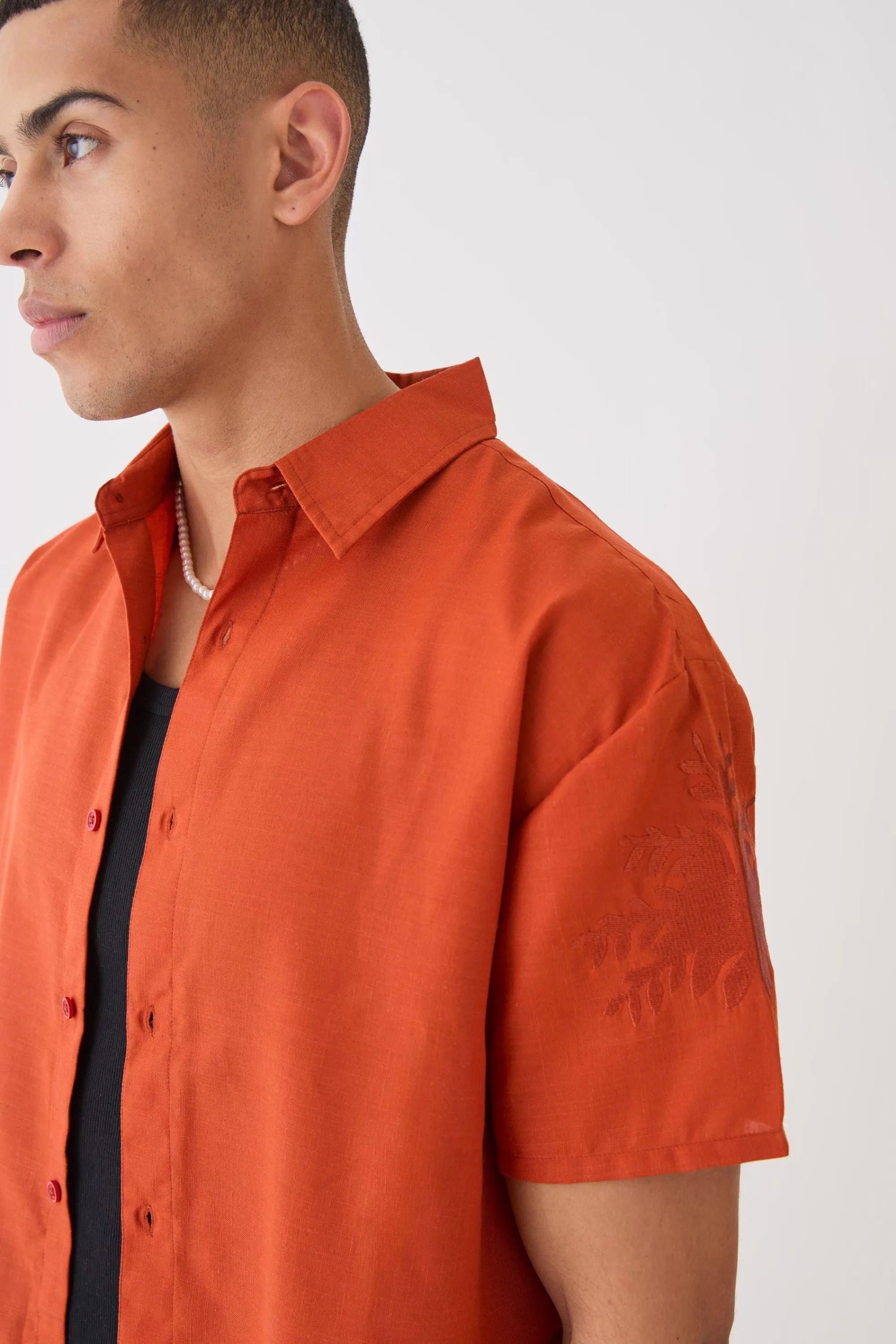 boohooMAN Oversized Linen Look Embroidered Hem Shirt | UK