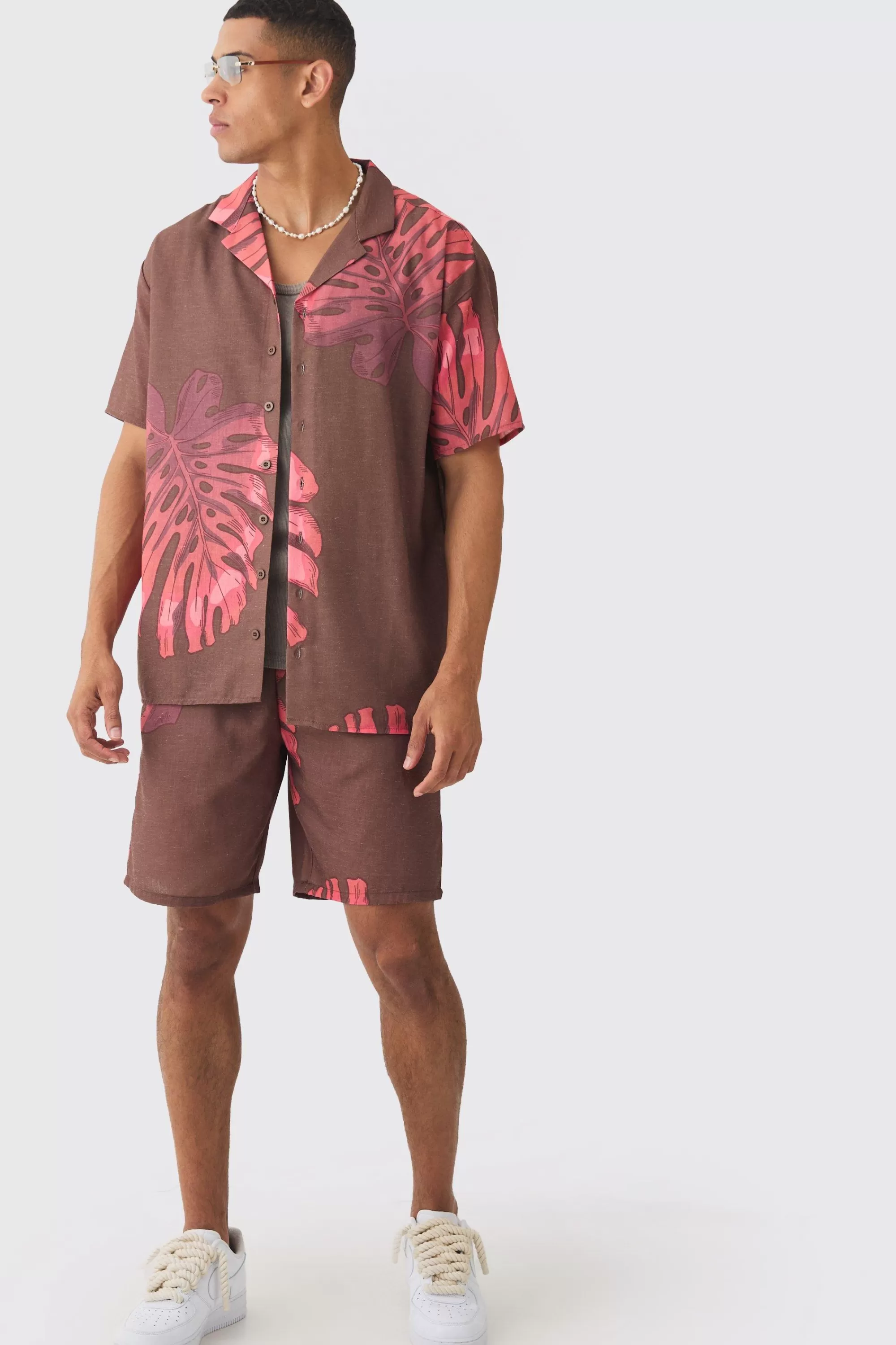 boohooMAN Oversized Linen Look Palm Shirt & Short | UK