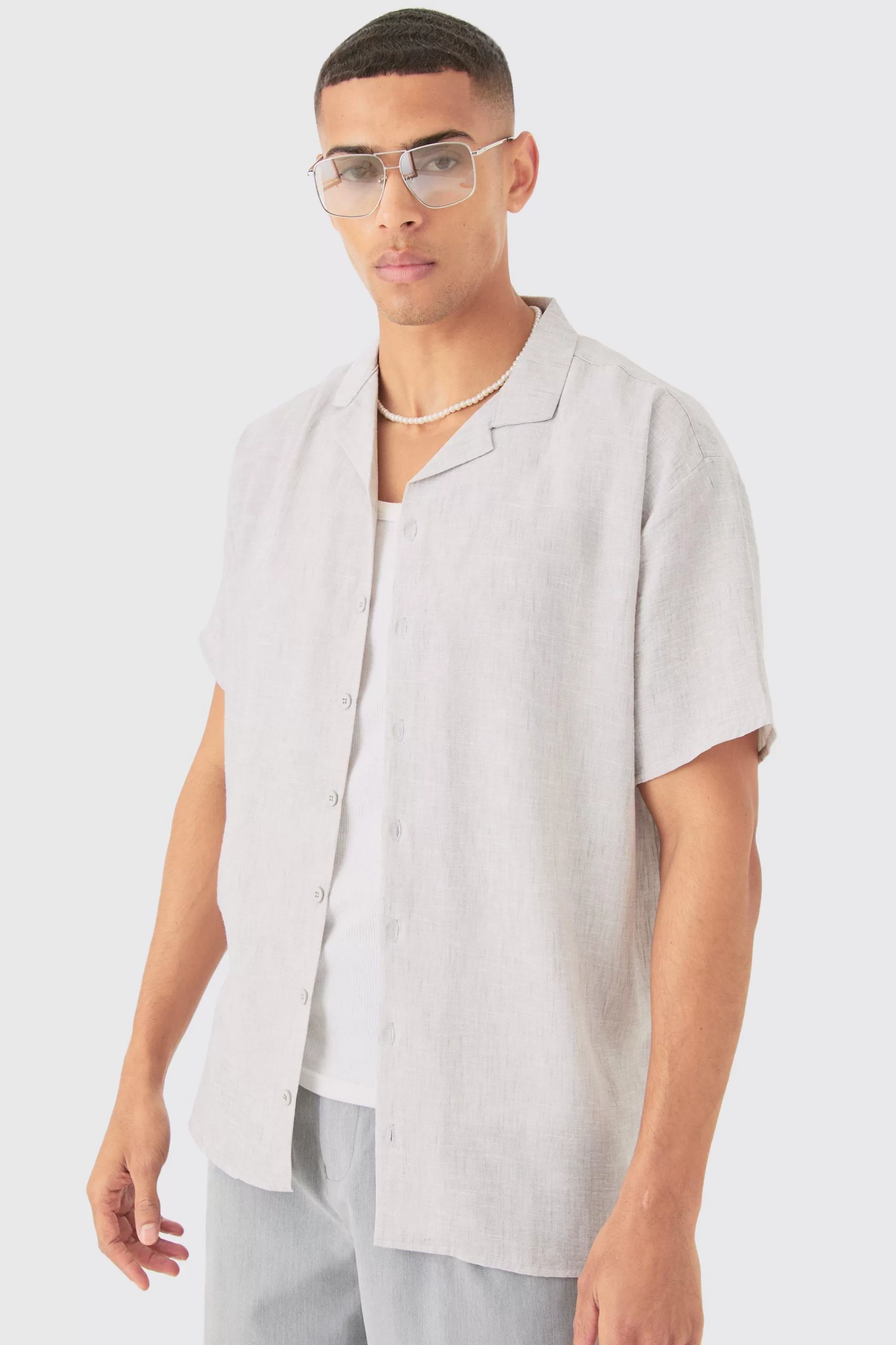 boohooMAN Oversized Linen Look Revere Shirt | UK