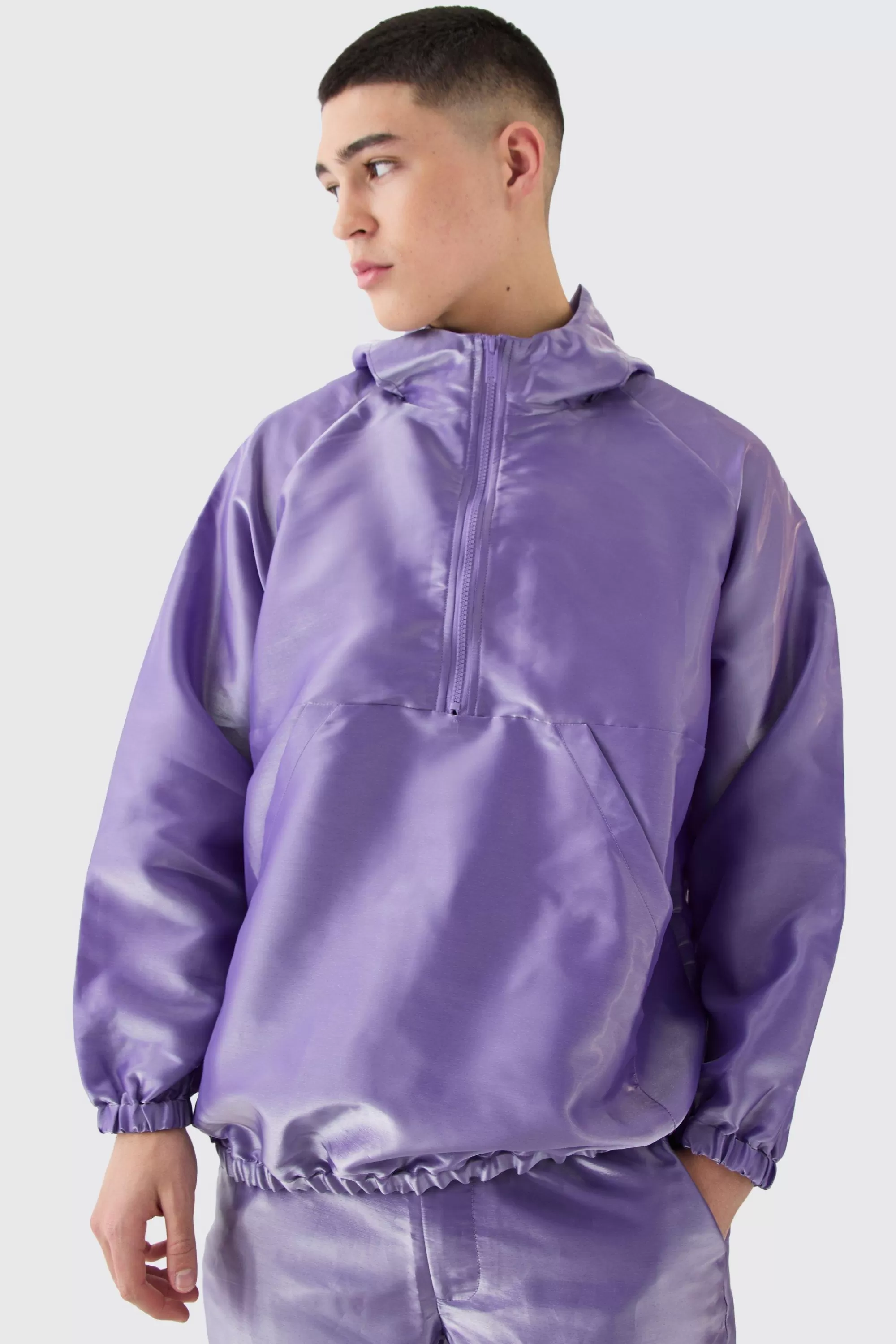boohooMAN Oversized Liquid Metallic Half Zip Windbreaker | UK