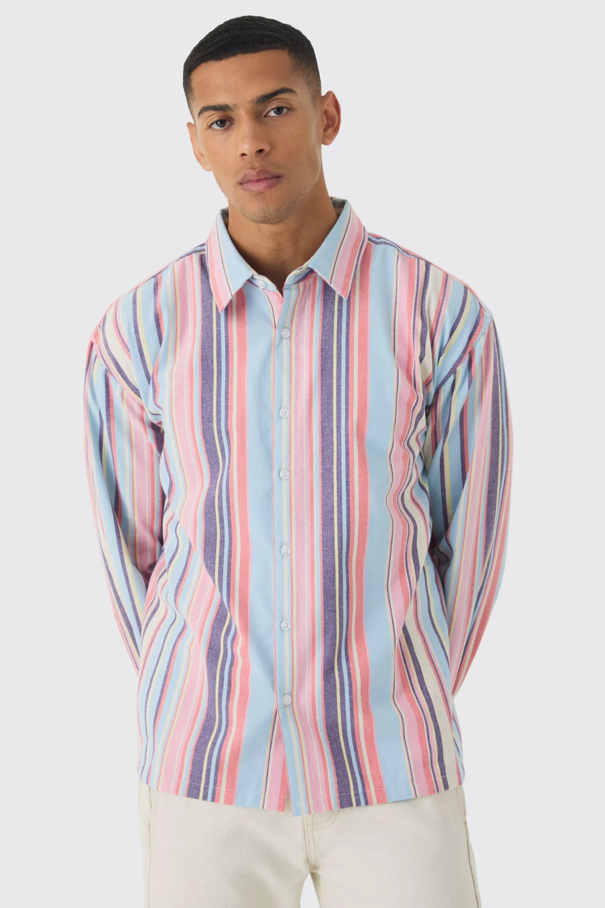 boohooMAN Oversized Long Sleeve Stripe Shirt | UK