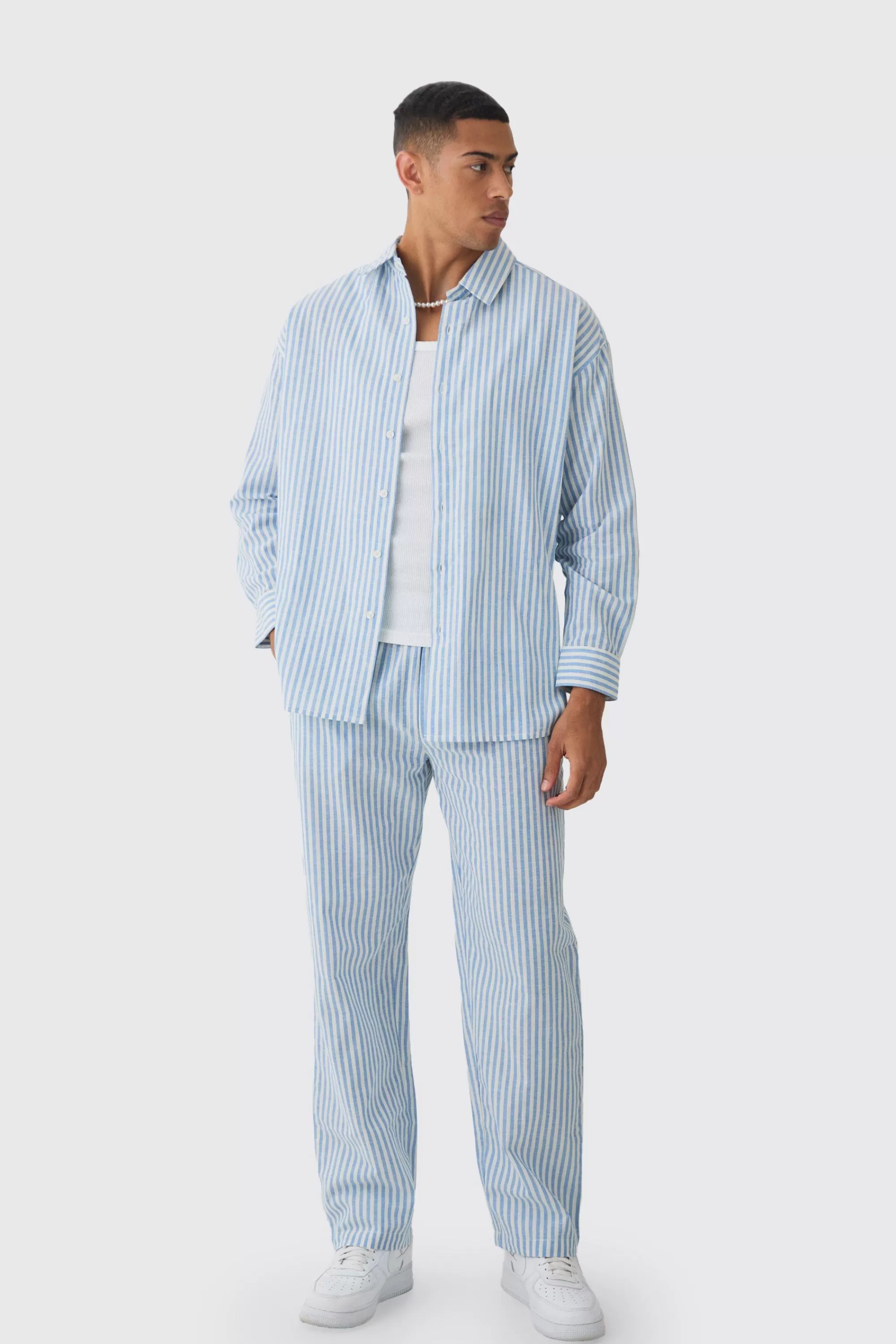 boohooMAN Oversized Long Sleeve Striped Shirt & Trouser Set In | UK