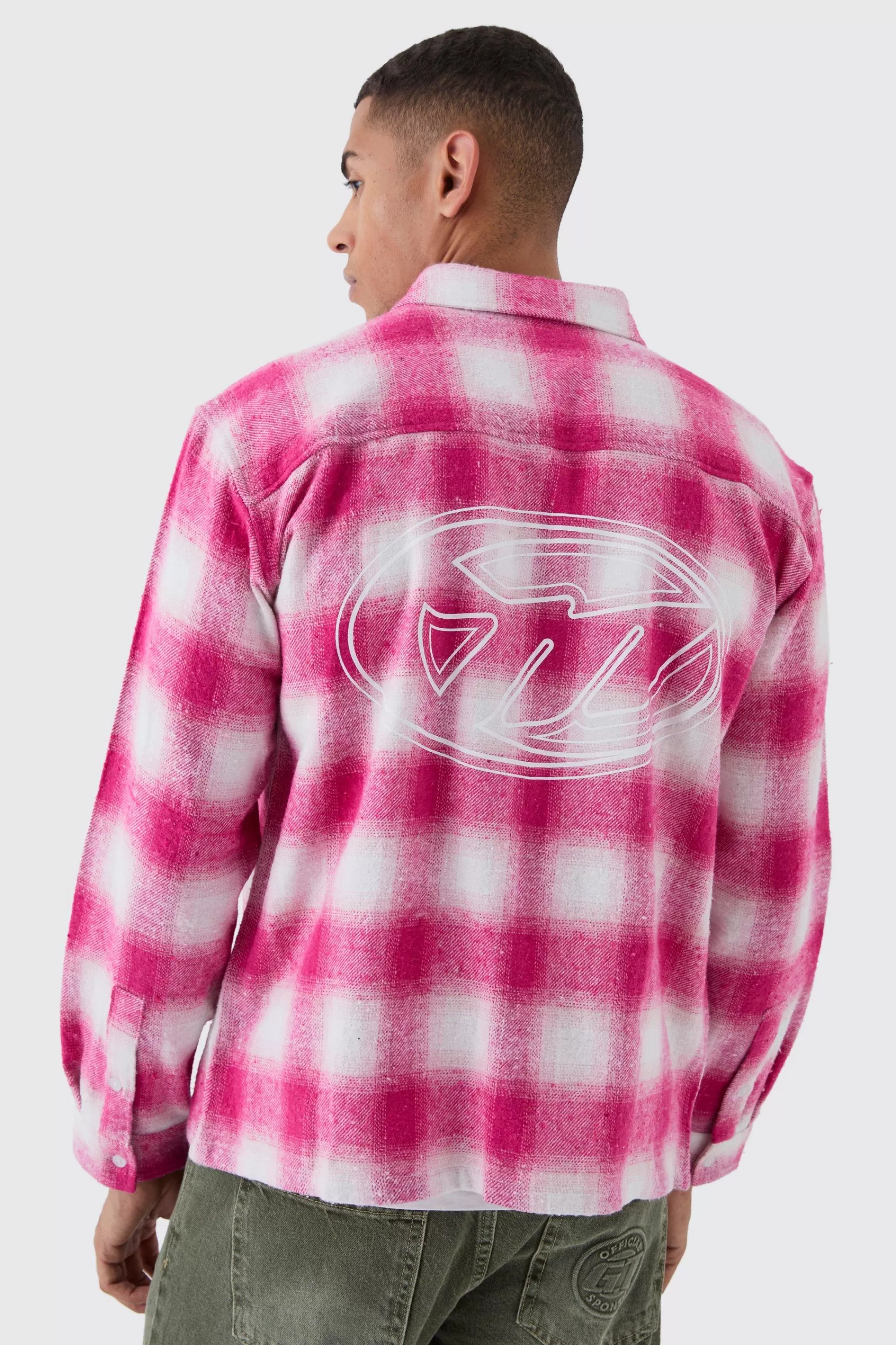 boohooMAN Oversized M Embroidered Check Long Sleeve Shirt | UK