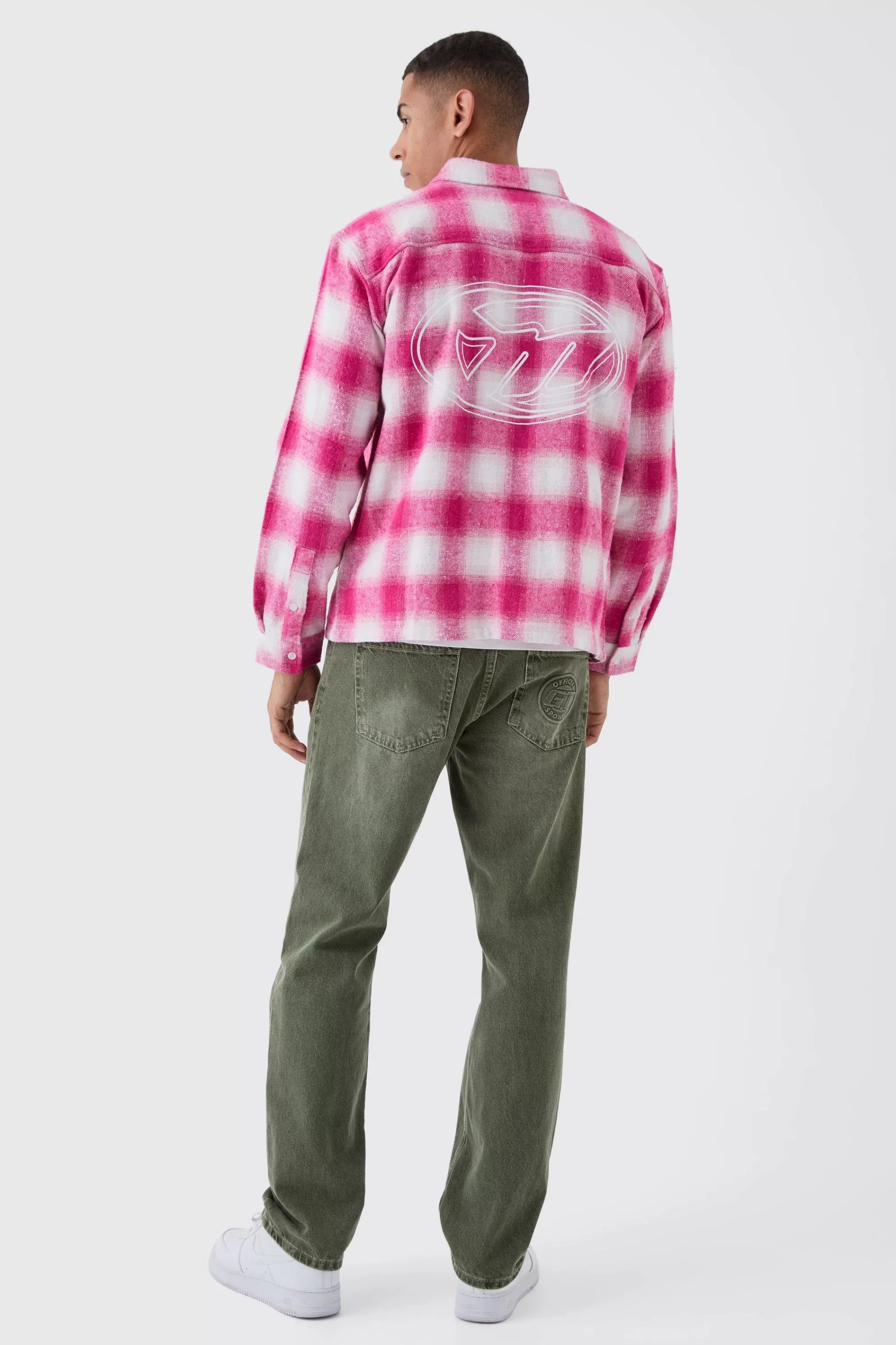 boohooMAN Oversized M Embroidered Check Long Sleeve Shirt | UK