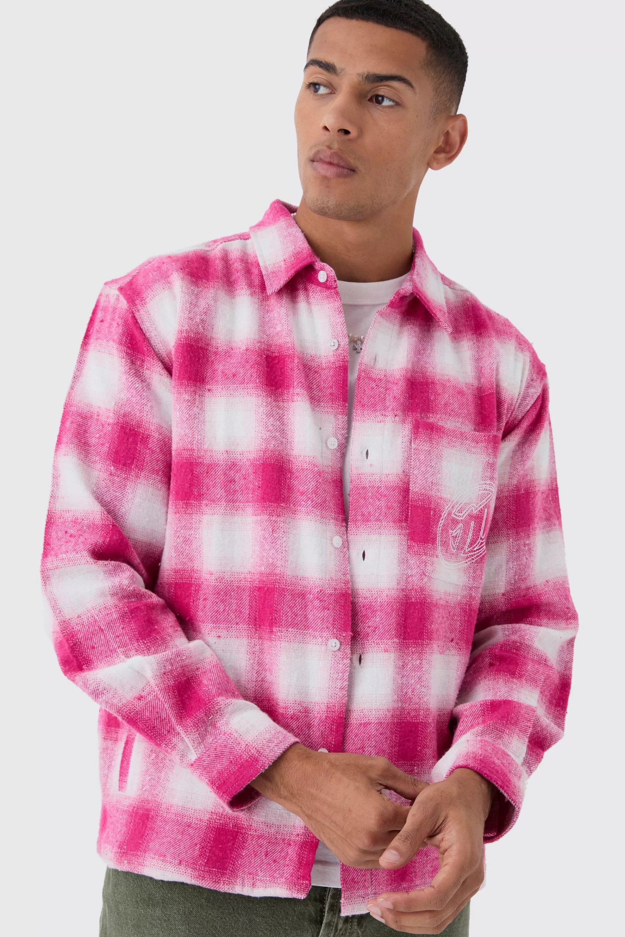 boohooMAN Oversized M Embroidered Check Long Sleeve Shirt | UK