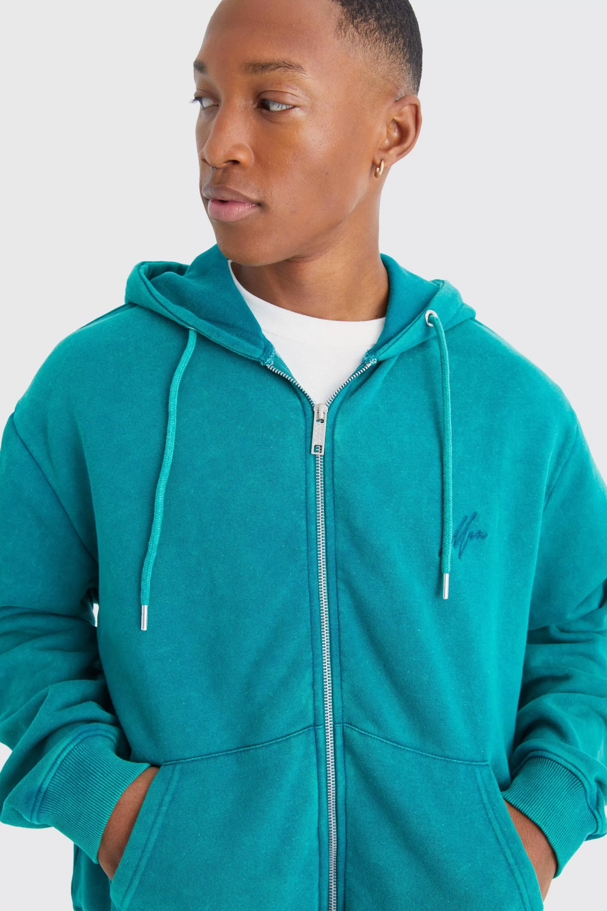 boohooMAN Oversized Man Boxy Zip Through Washed Hoodie | UK