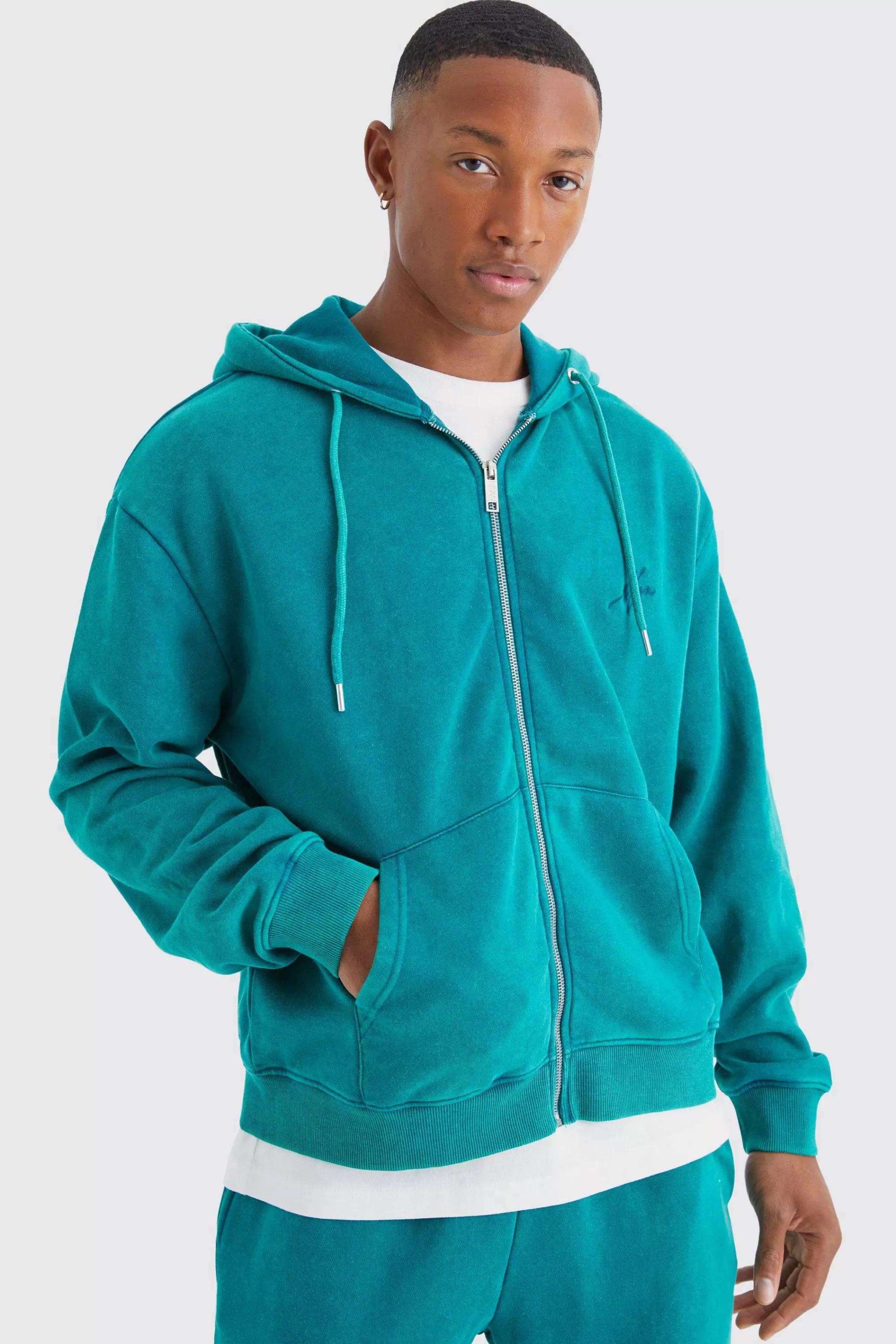 boohooMAN Oversized Man Boxy Zip Through Washed Hoodie | UK