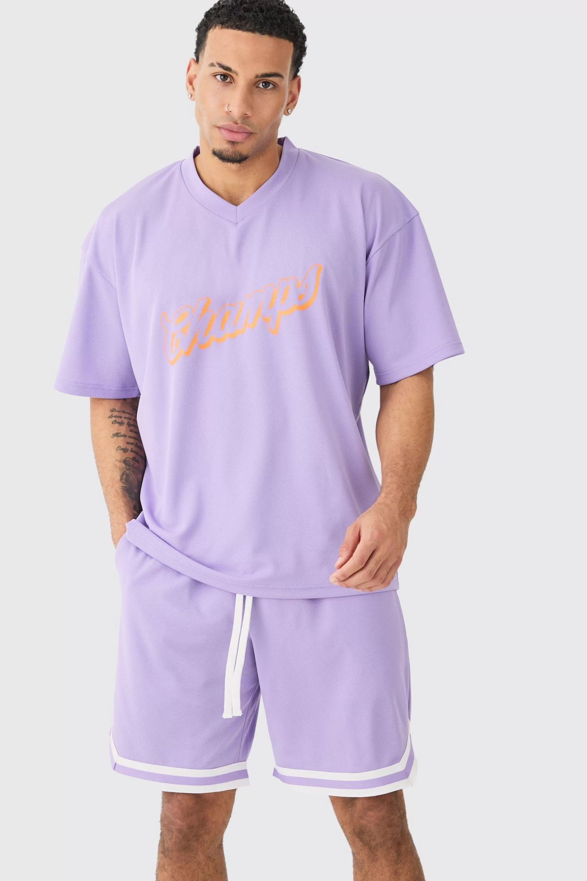 boohooMAN Oversized Mesh Varsity Top And Basketball Shorts Set | UK