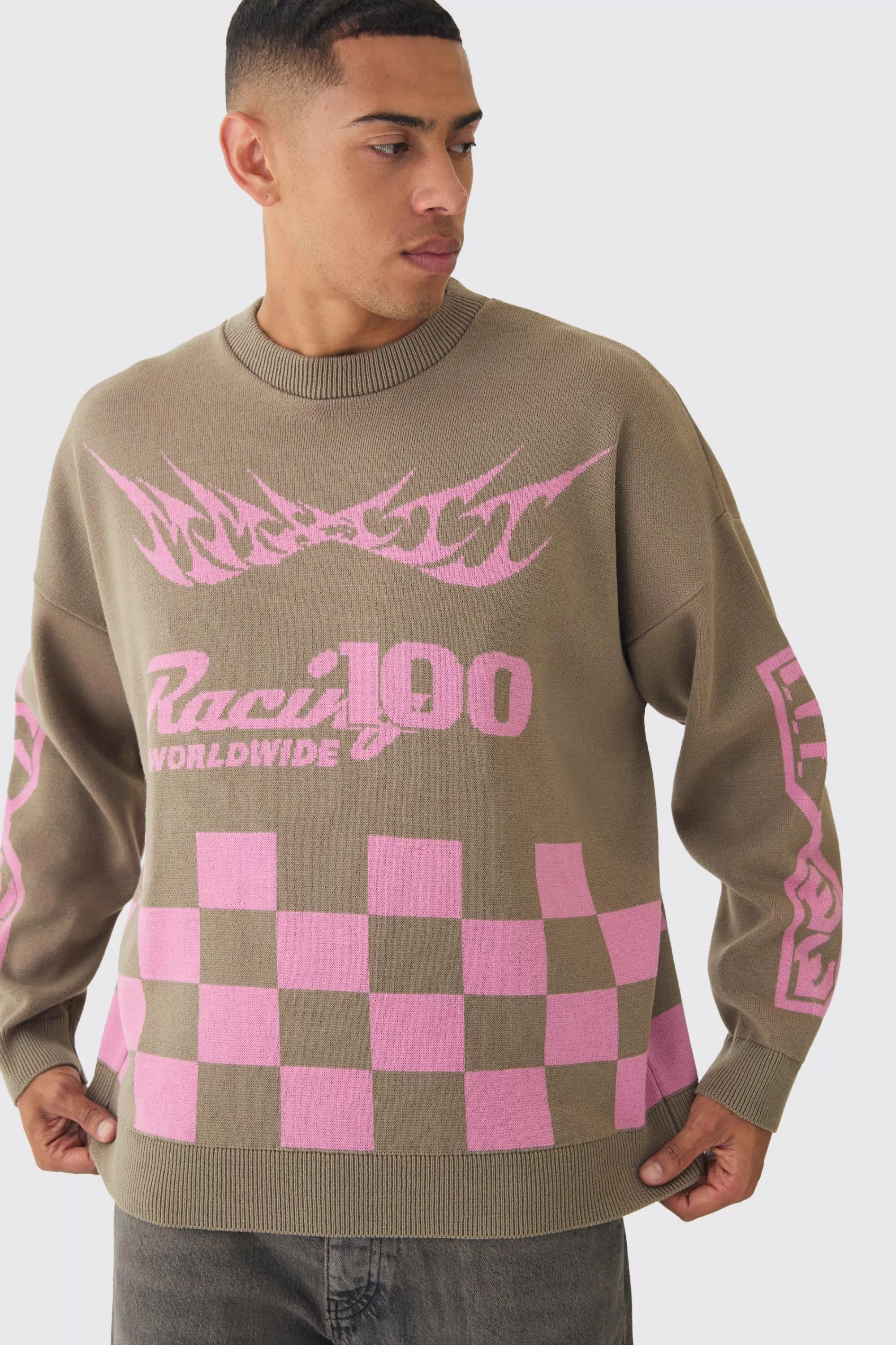 boohooMAN Oversized Moto Graphic Jumper In | UK