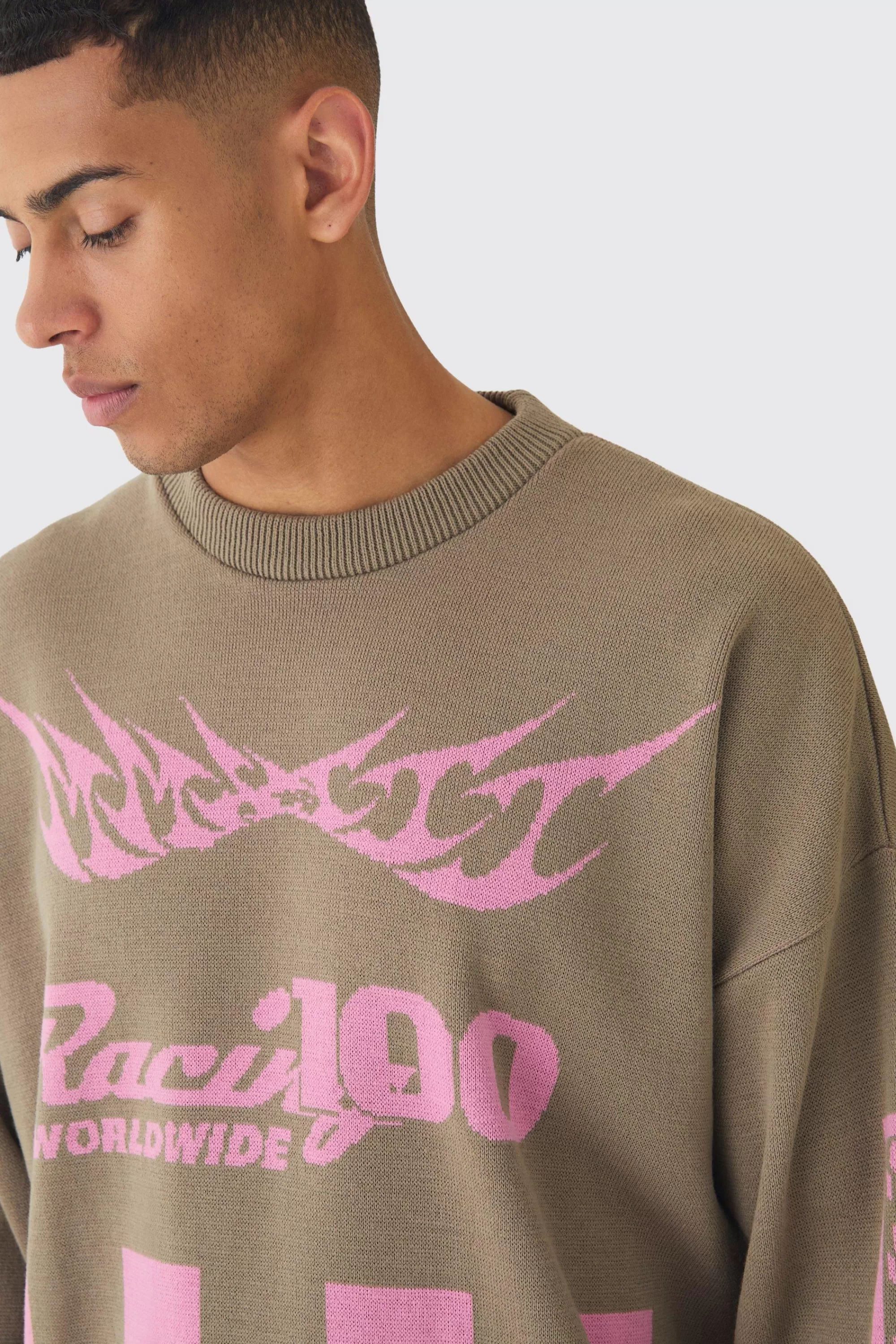 boohooMAN Oversized Moto Graphic Jumper In | UK