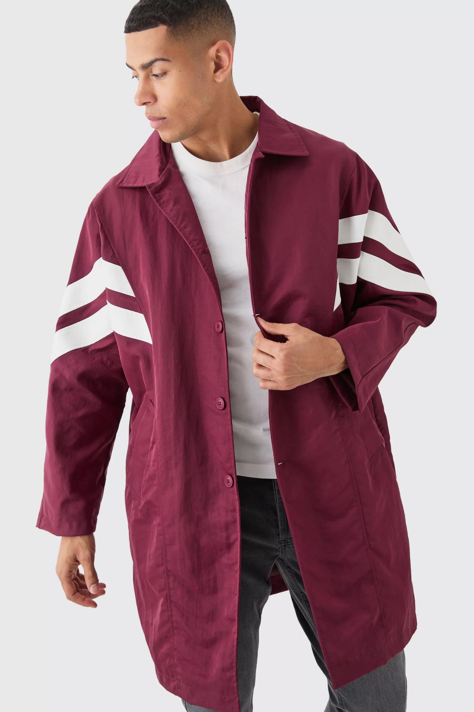 boohooMAN Oversized Nylon Mac With Pu Stripes | UK