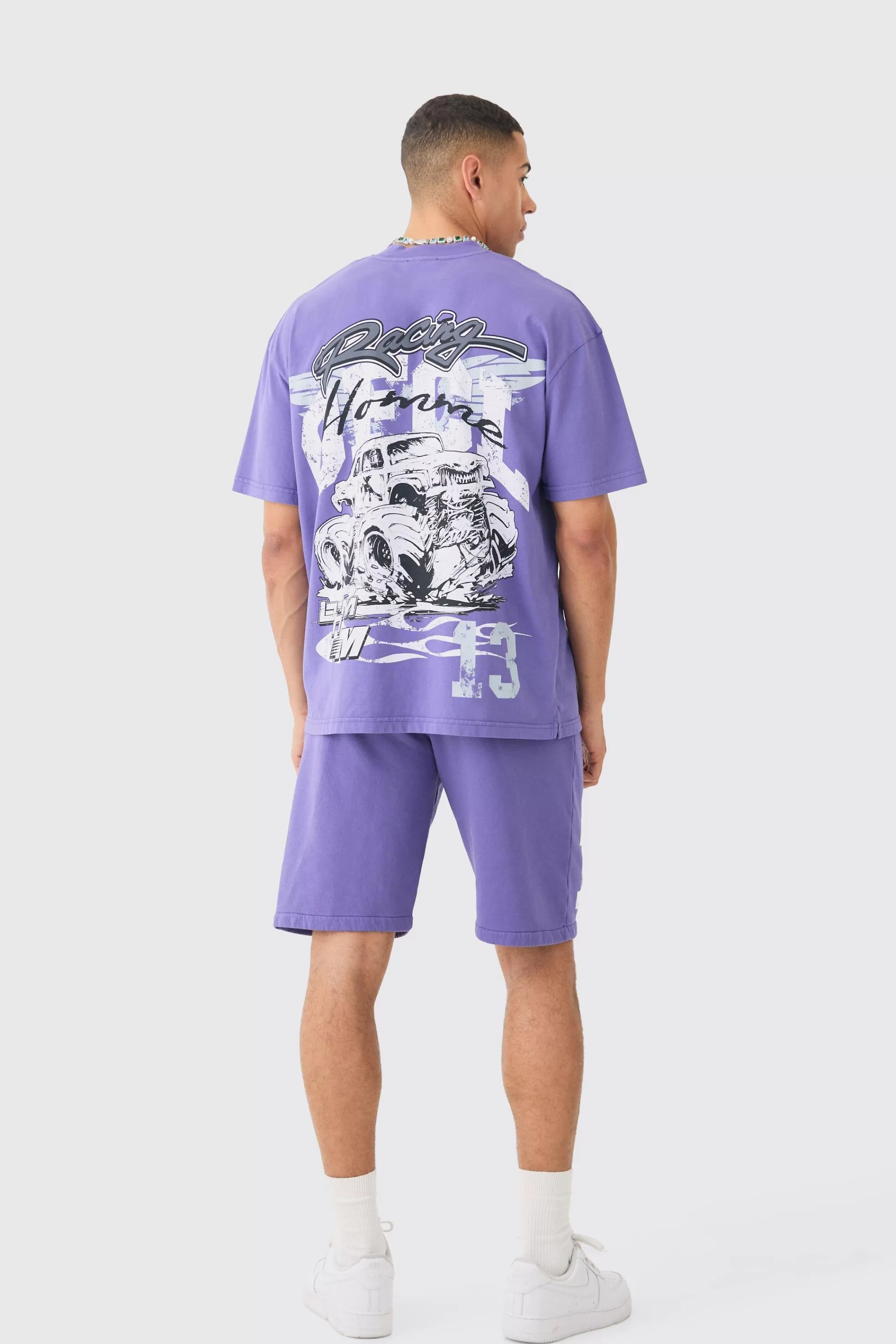boohooMAN Oversized Ofcl Racing Washed T-shirt & Long Length Shorts | UK