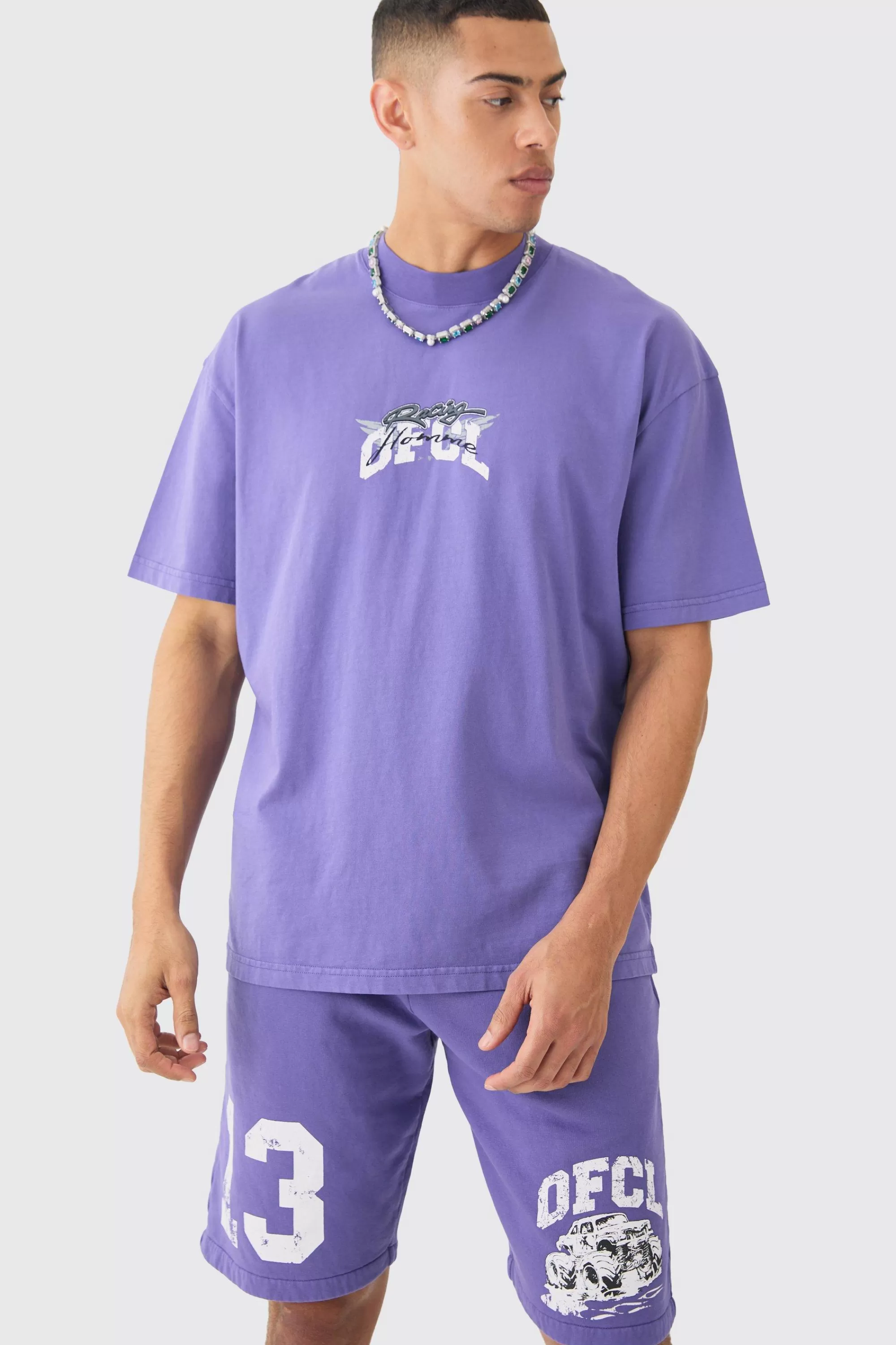 boohooMAN Oversized Ofcl Racing Washed T-shirt & Long Length Shorts | UK